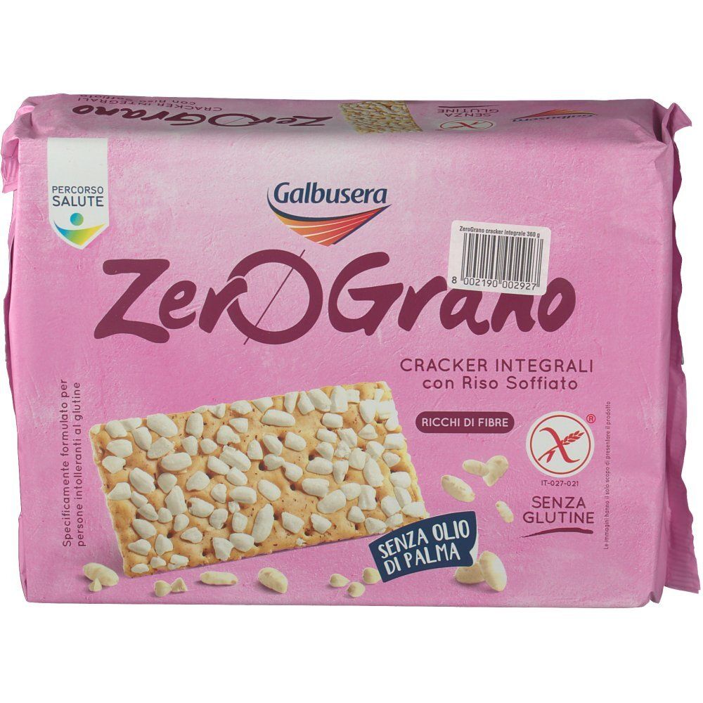 ZeroGrano Cracker-Verpackung. Rosa Verpackung. Aufschrift: ZeroGrano, Cracker Integrale, ohne Palmöl, glutenfrei. Glutenfrei-Symbol.