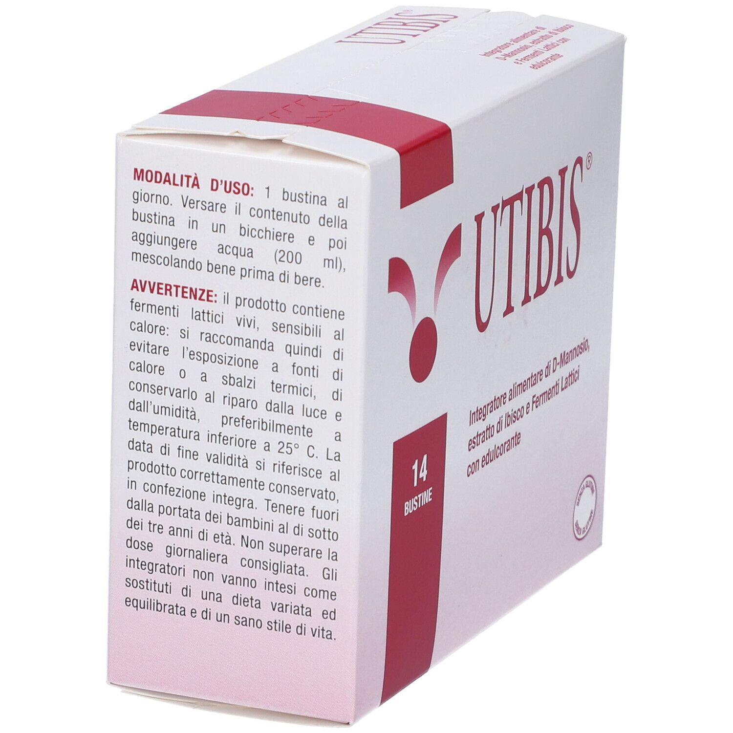 Boîte blanche avec accent rouge. Inscription : UTIBIS, 14 sachets. Contient D-Mannose, hibiscus et Fermenti Lattici. Texte sur l'utilisation.