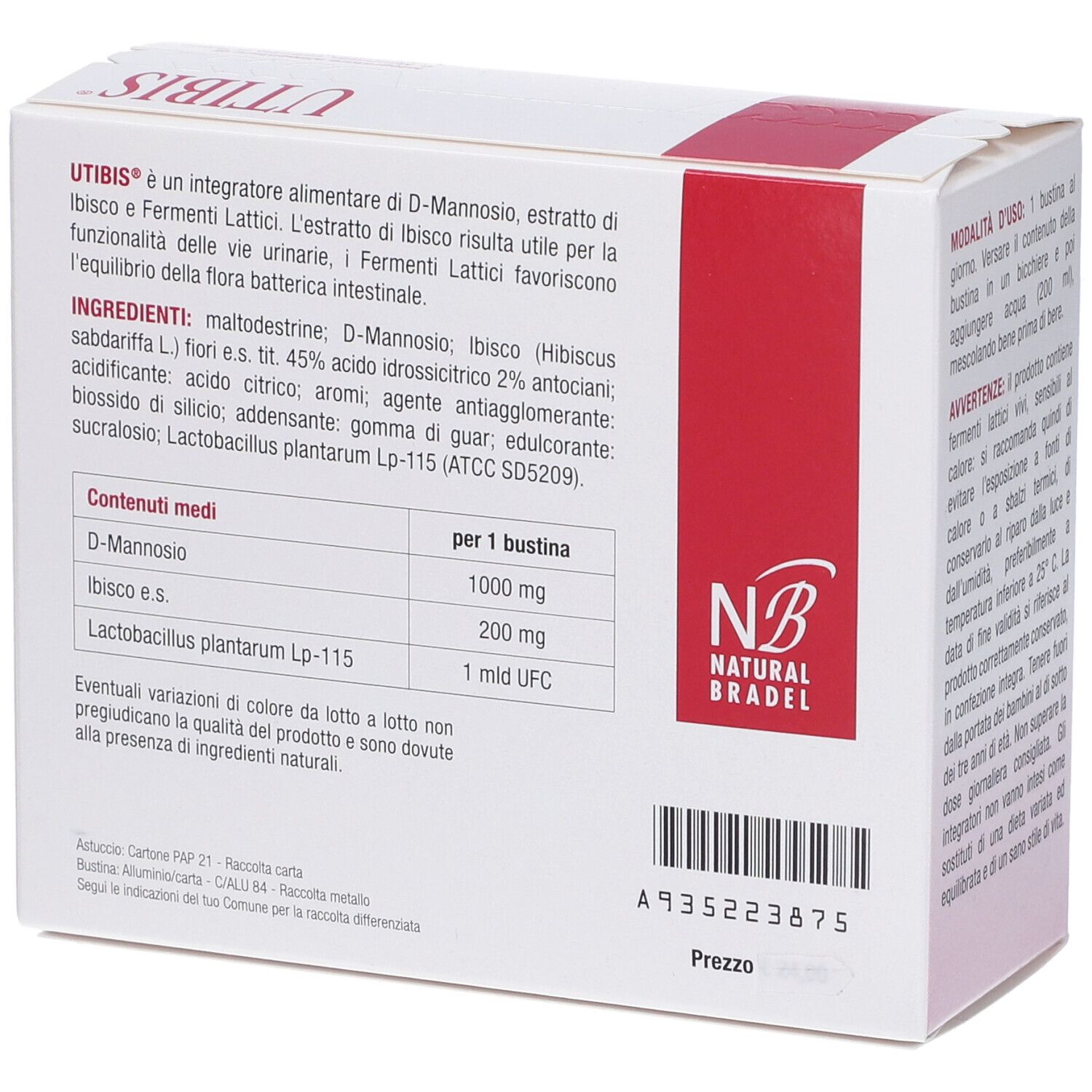 Boîte blanche avec accent rouge. Inscription : UTIBIS. Contient D-Mannose, hibiscus et Fermenti Lattici. Dos avec informations sur le contenu.