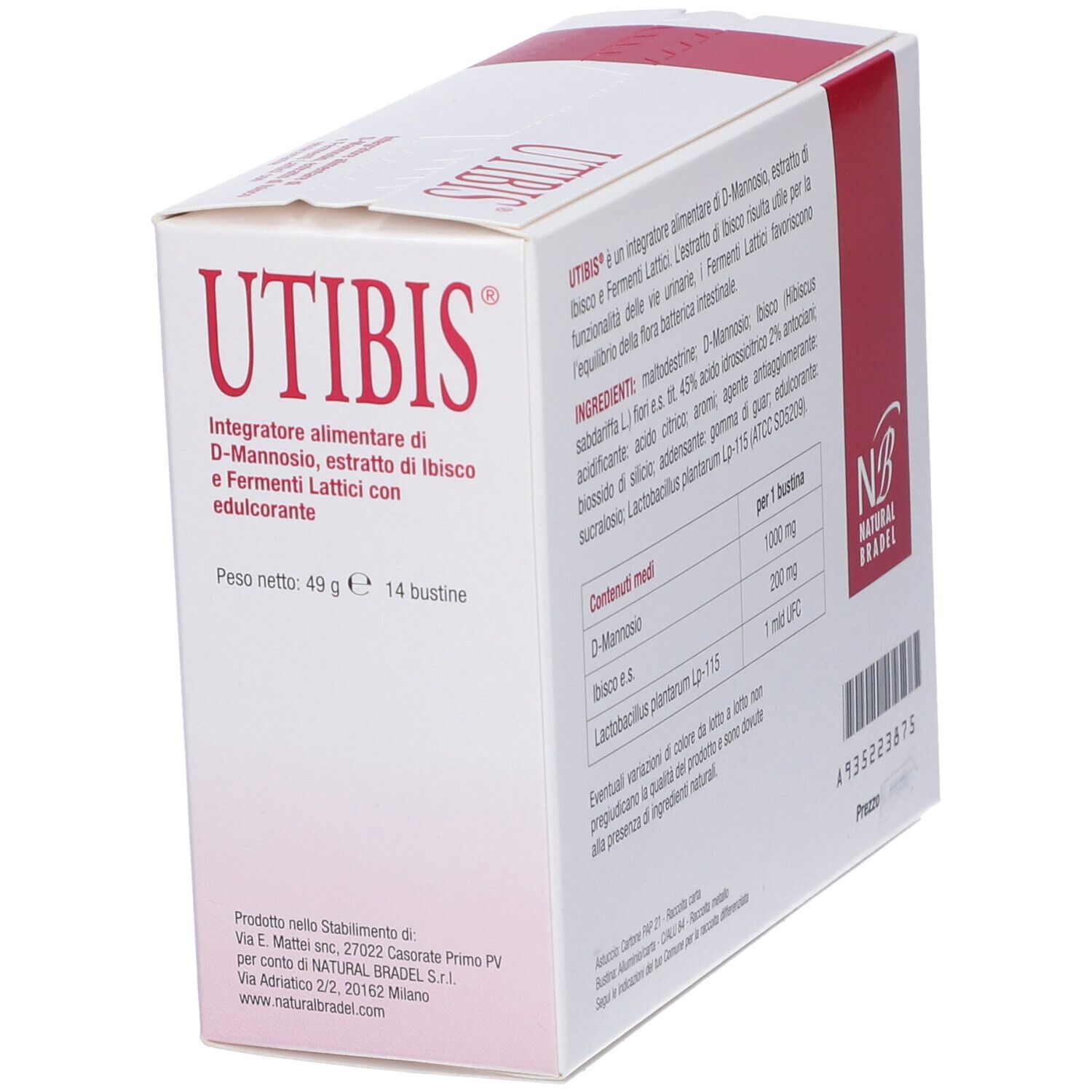 Boîte blanche avec accent rouge. Inscription : UTIBIS, 14 sachets. Contient D-Mannose, hibiscus et Fermenti Lattici. Poids : 49g.