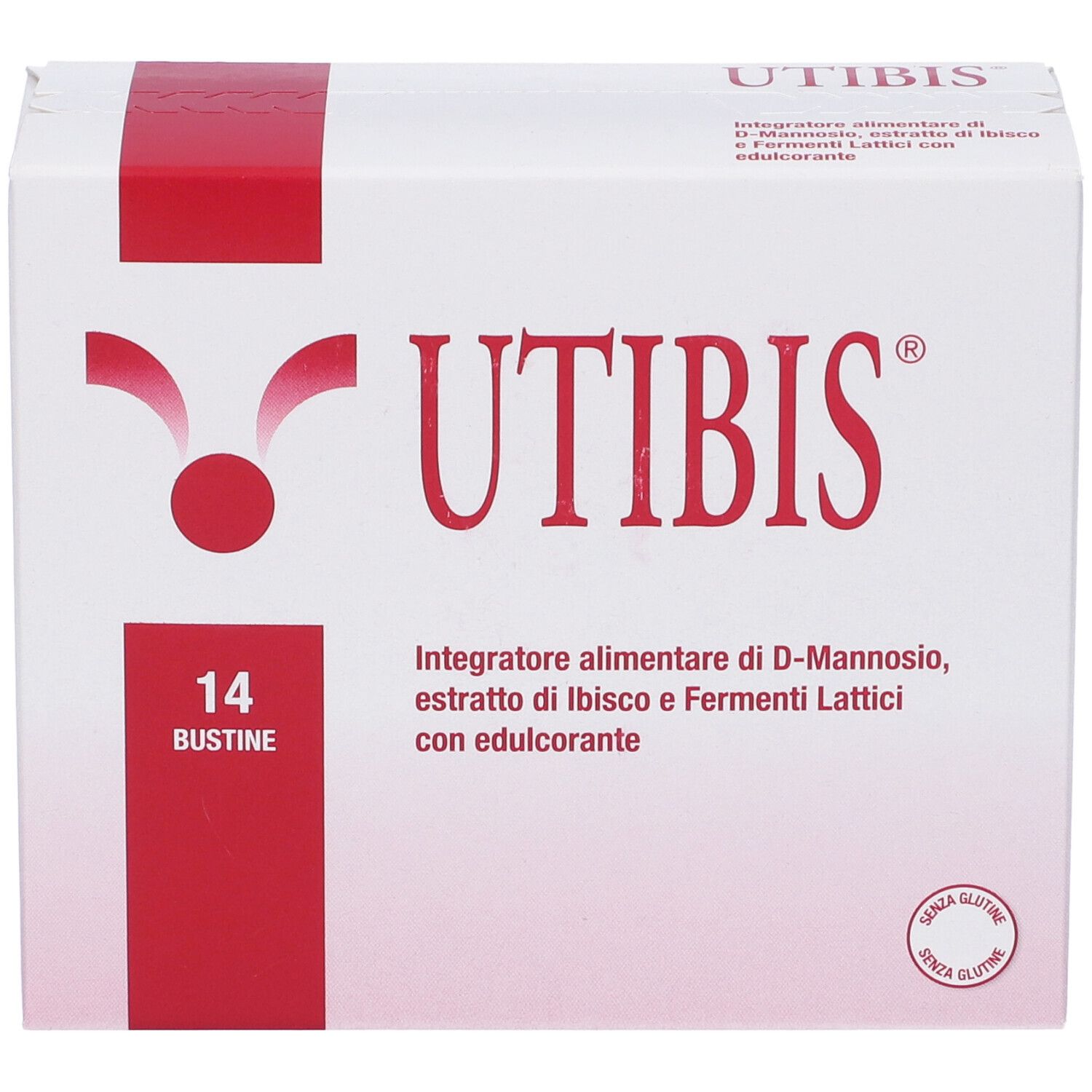 Boîte blanche avec accent rouge. Inscription : UTIBIS, 14 sachets. Contient D-Mannose, hibiscus et Fermenti Lattici avec édulcorant.
