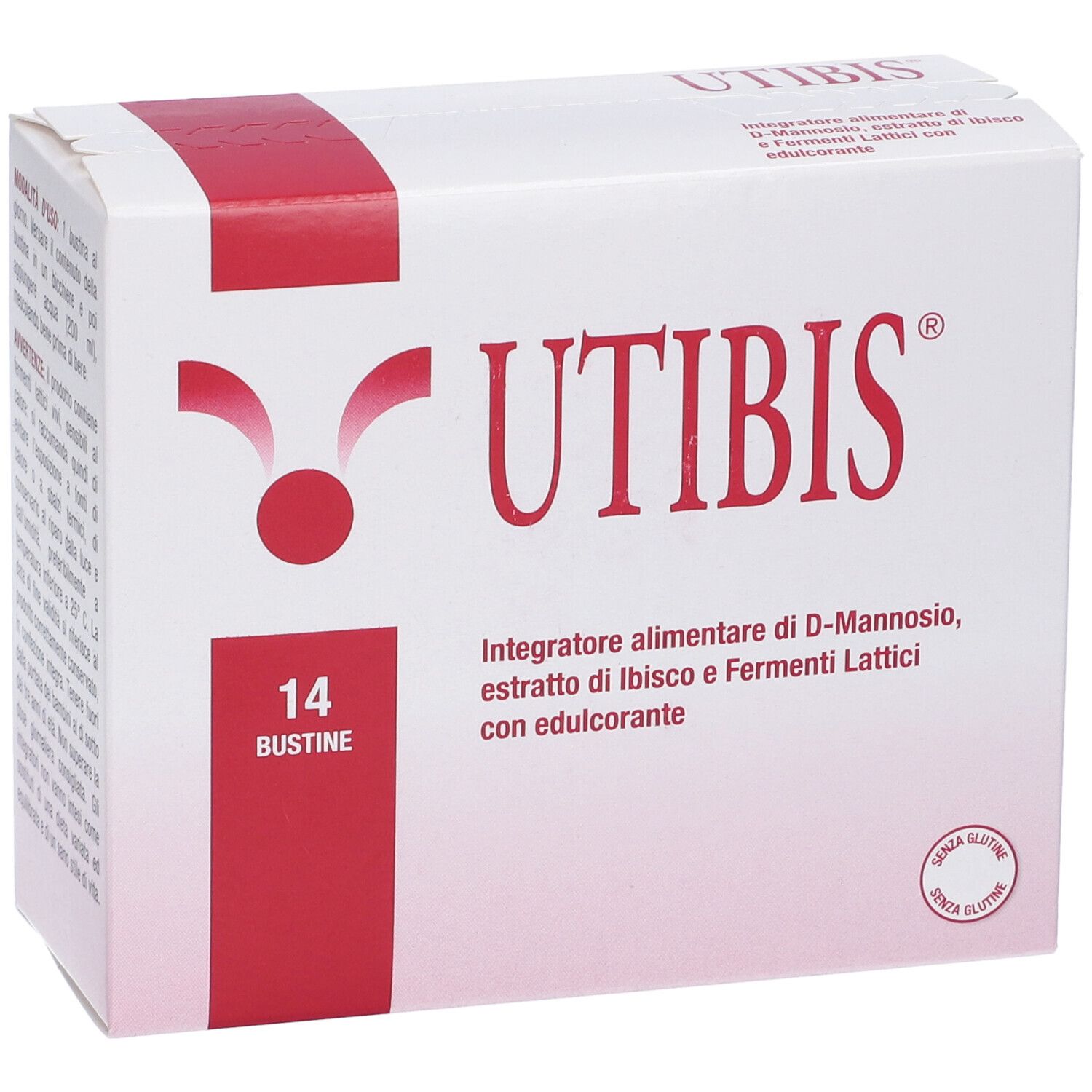 Boîte blanche avec accent rouge. Inscription : UTIBIS, 14 sachets. Contient D-Mannose, hibiscus et Fermenti Lattici. Sans gluten.