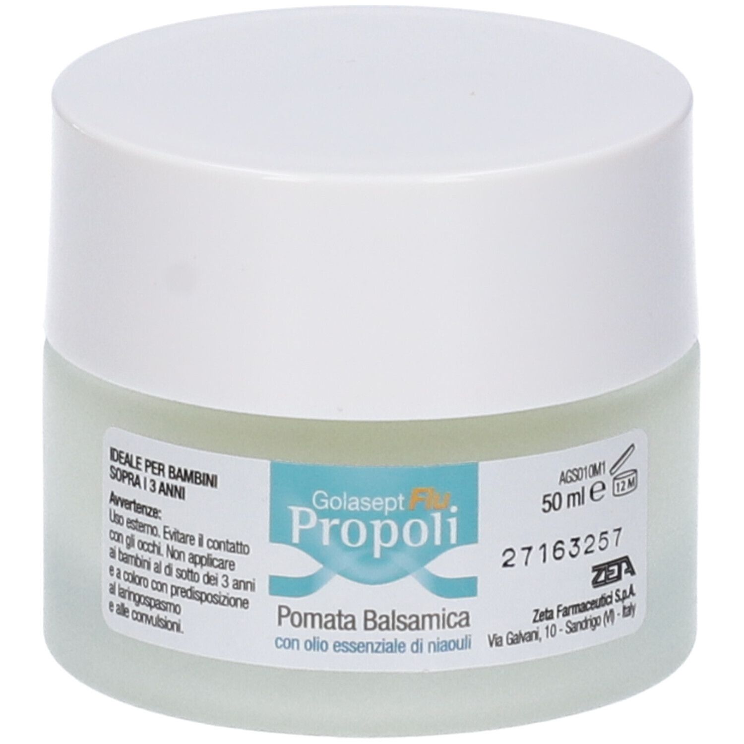Pot de crème avec couvercle blanc. Étiquette avec nom du produit et texte. 50 ml. Fabricant : Zeta Farmaceutici.