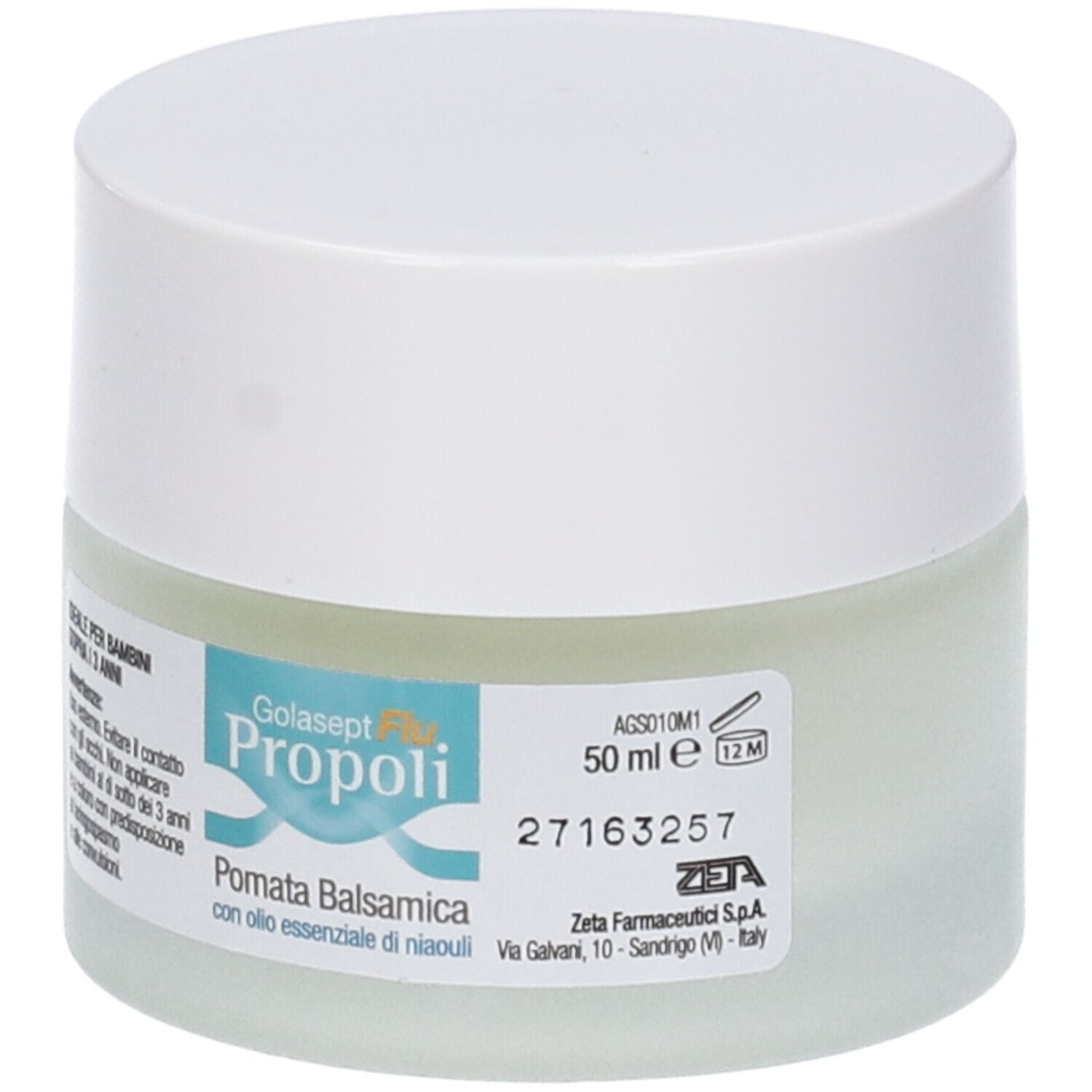 Pot de crème avec couvercle blanc. Étiquette avec nom du produit et texte. 50 ml. Fabricant : Zeta Farmaceutici.