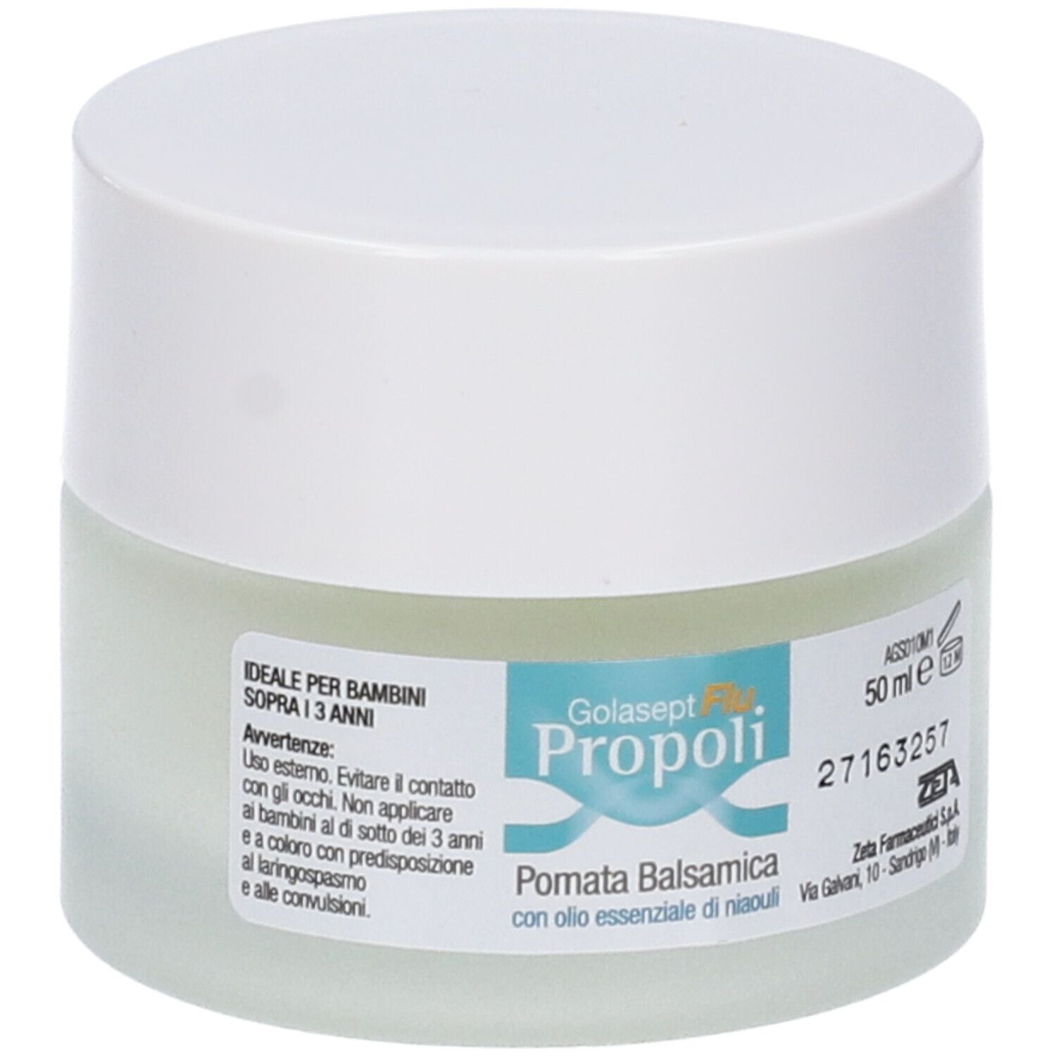 Pot de crème avec couvercle blanc. Étiquette avec nom du produit et texte. 50 ml. Fabricant : Zeta Farmaceutici.