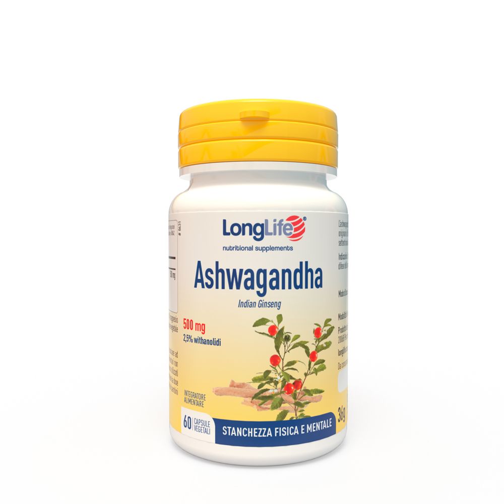 Weiße Flasche mit gelbem Deckel. Aufschrift: Ashwagandha, 500 mg, 60 Kapseln. Abbildung von Pflanze mit roten Beeren.