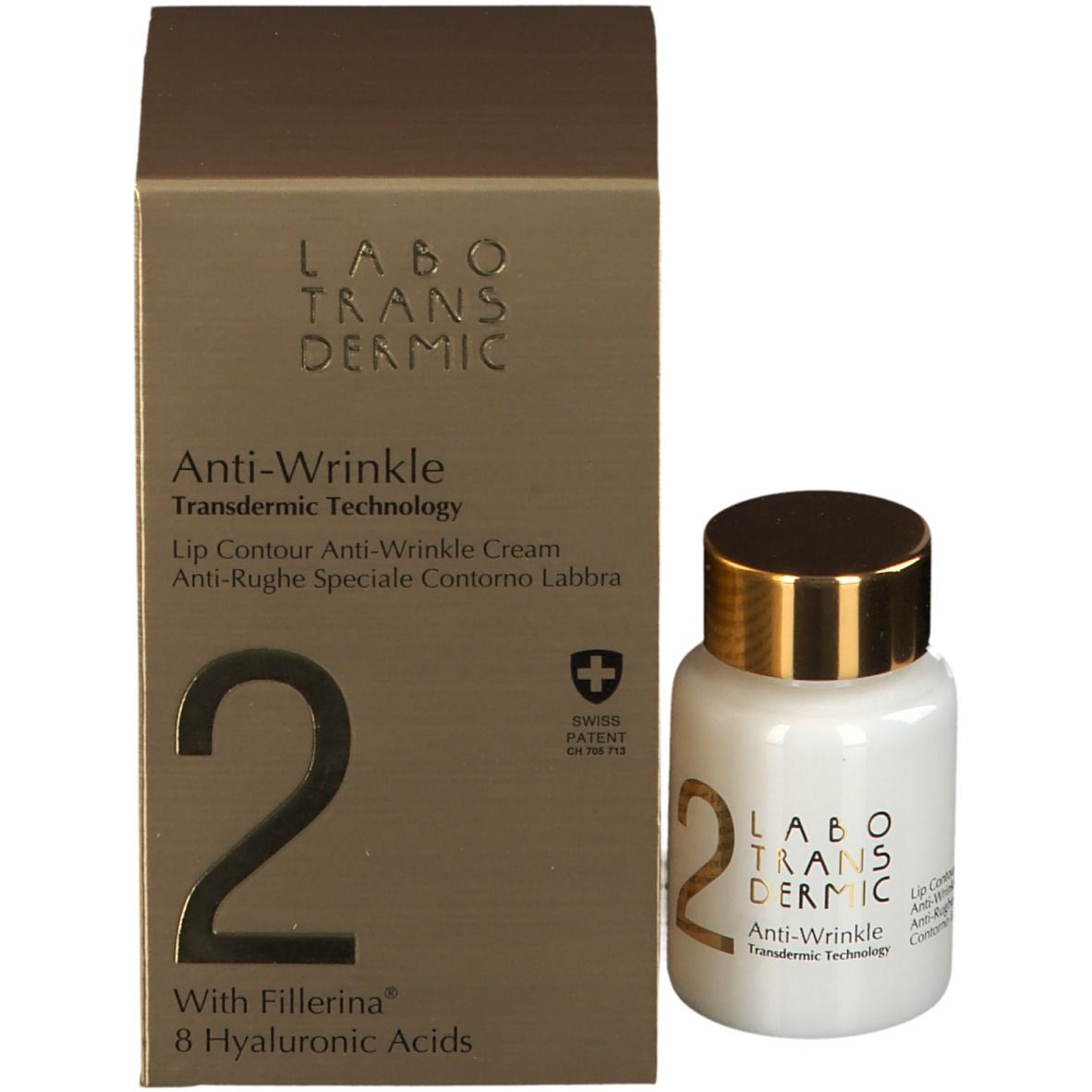 Produktverpackung und Flasche. Aufschrift: LABO TRANSDERMIC, Anti-Wrinkle, Swiss Patent, 2, Fillerina.