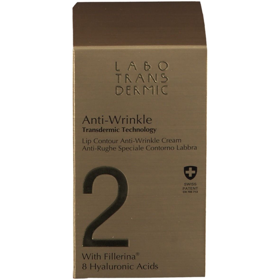 Produktverpackung. Aufschrift: LABO TRANSDERMIC, Anti-Wrinkle, Swiss Patent, 2, Fillerina.