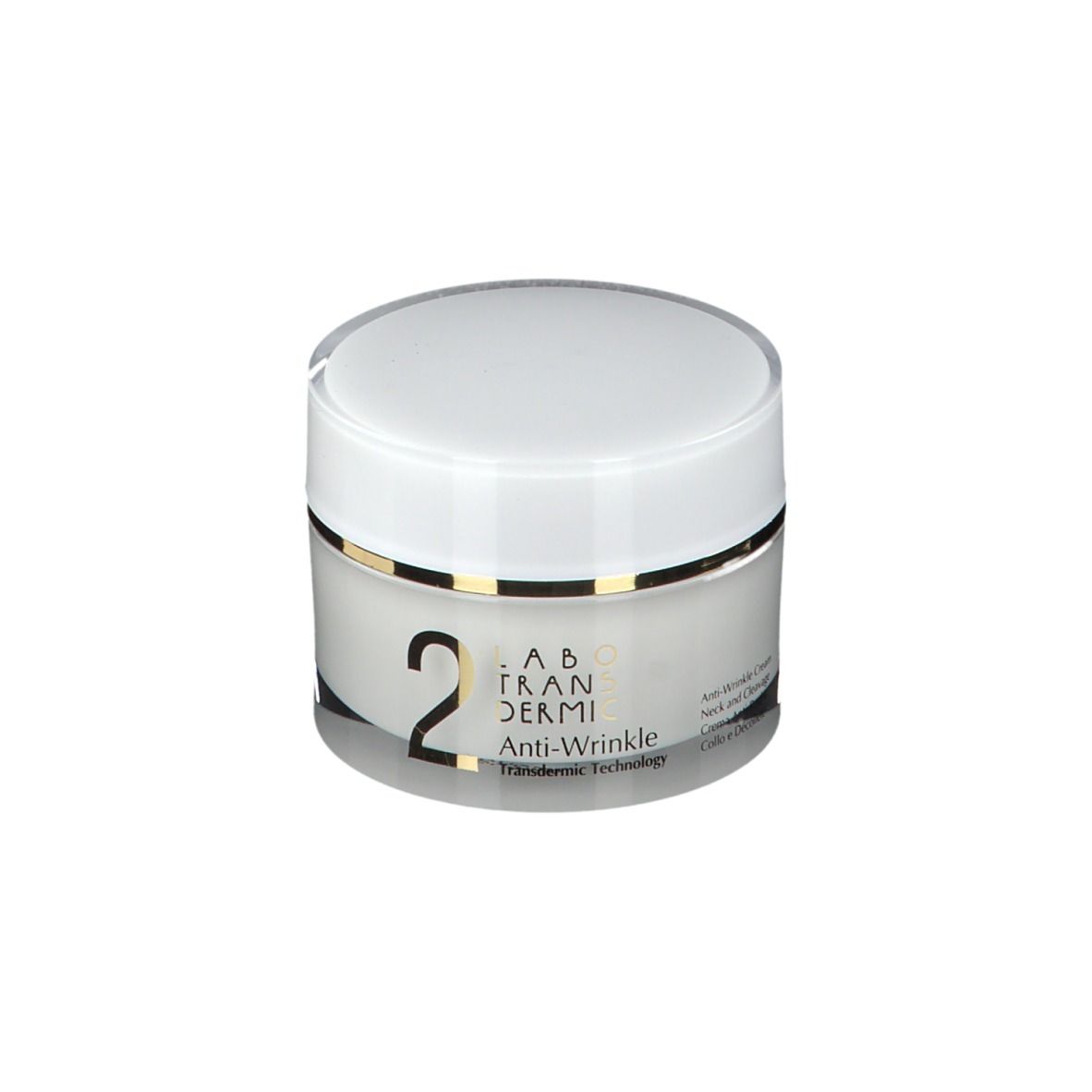 Pot de crème avec couvercle blanc. Inscription: 2, Anti-Wrinkle, Labotransdermic. Transdermic Technology.