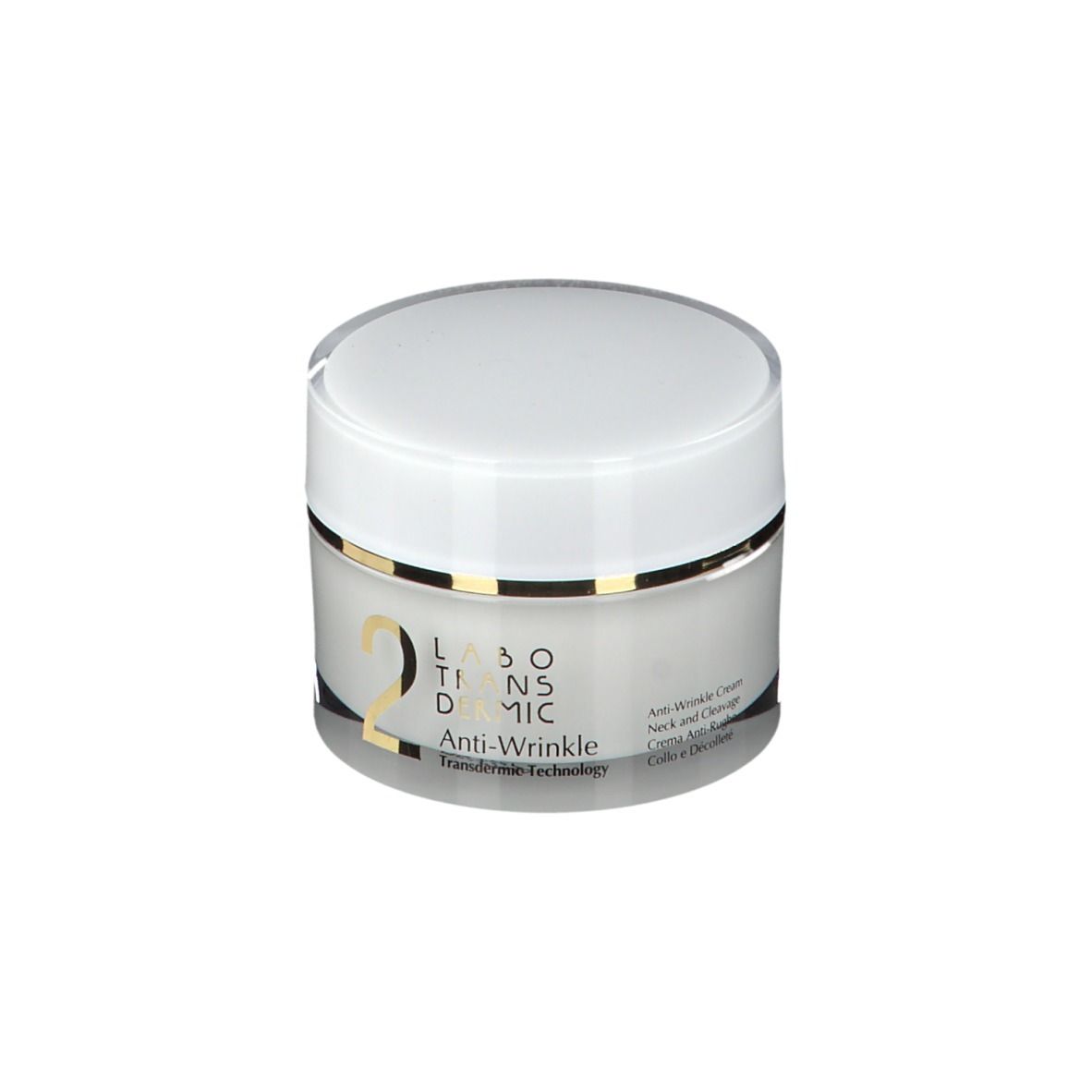 Pot de crème avec couvercle blanc. Inscription: 2, Anti-Wrinkle, Labotransdermic. Transdermic Technology.