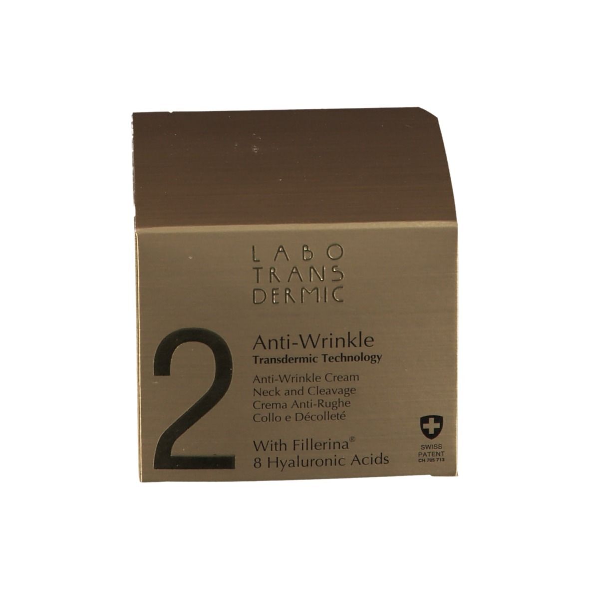 Emballage. Inscription: 2, Anti-Wrinkle, Labotransdermic. Avec Fillerina. Swiss Patent.