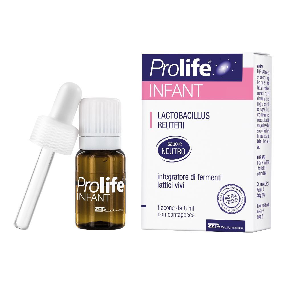 Flacon brun et compte-gouttes. Inscription : Prolife Infant. Emballage : Prolife Infant, rose et blanc, avec flacon compte-gouttes.