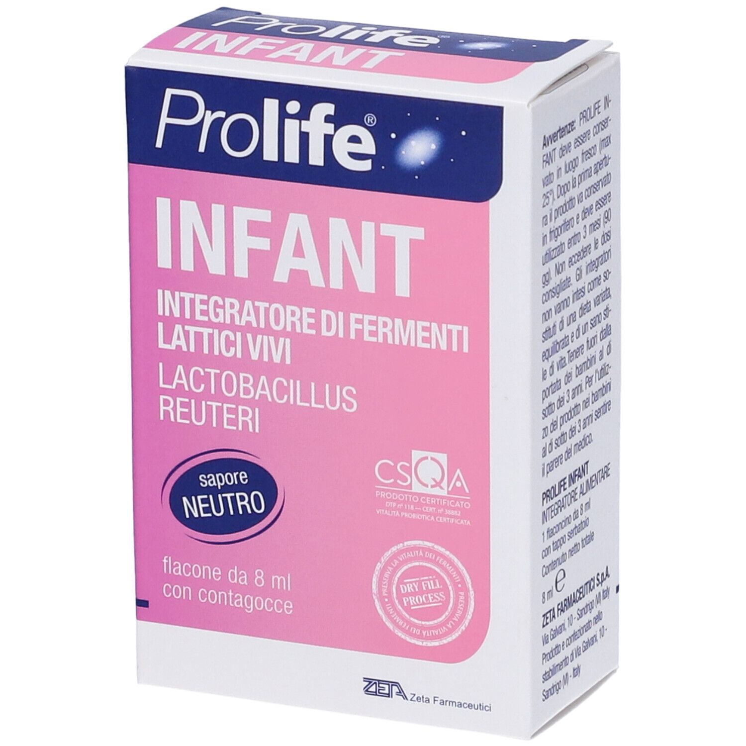 Emballage rose et blanc avec inscription Prolife Infant. Contient : Lactobacillus Reuteri, Integratore di fermenti lattici vivi, flacon de 8 ml.