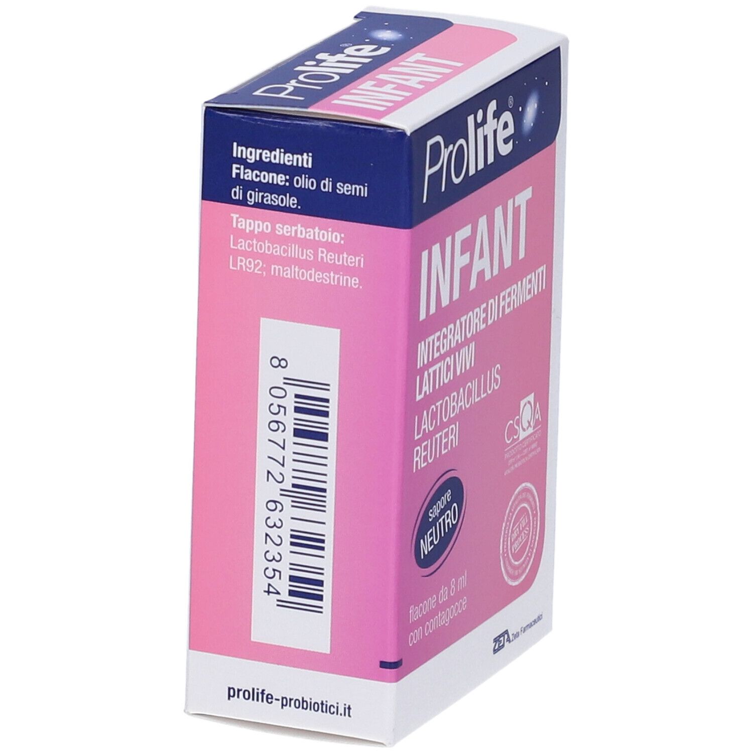 Emballage avec inscription Prolife Infant. Contient : Lactobacillus Reuteri, Integratore di fermenti lattici vivi, flacon de 8 ml. Texte au dos.