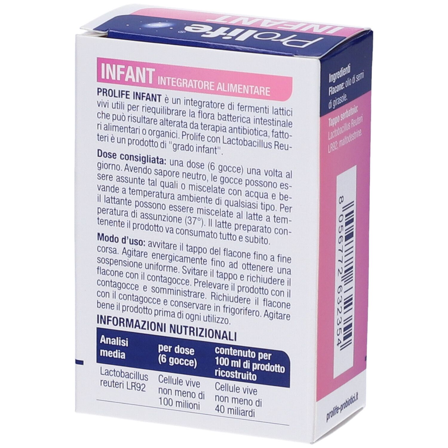 Dos de l'emballage avec texte. Contient : informations sur les ingrédients, le dosage et la valeur nutritionnelle. Prolife Infant.