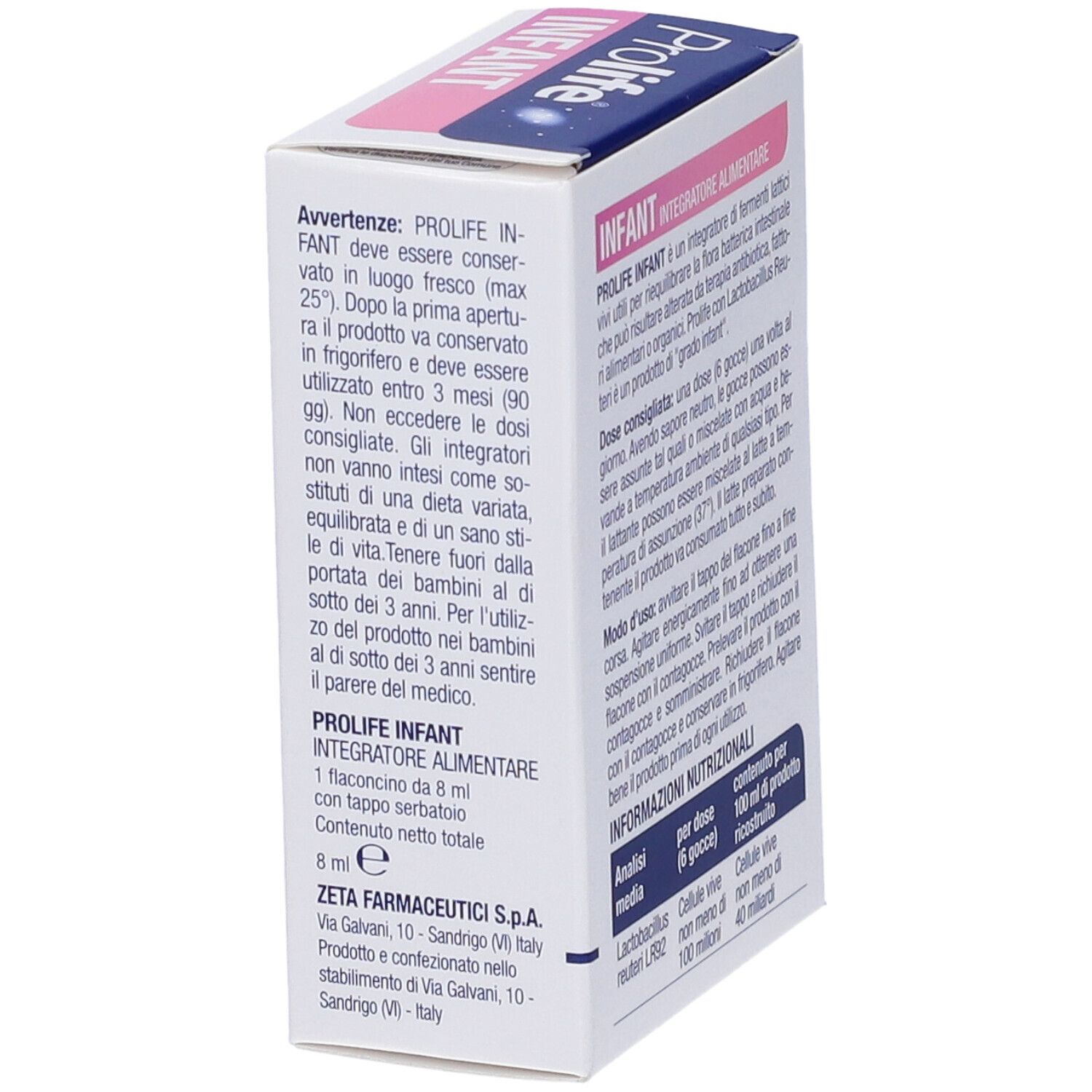Emballage avec inscription Prolife Infant. Contient : informations sur le stockage et l'utilisation. Flacon de 8 ml.