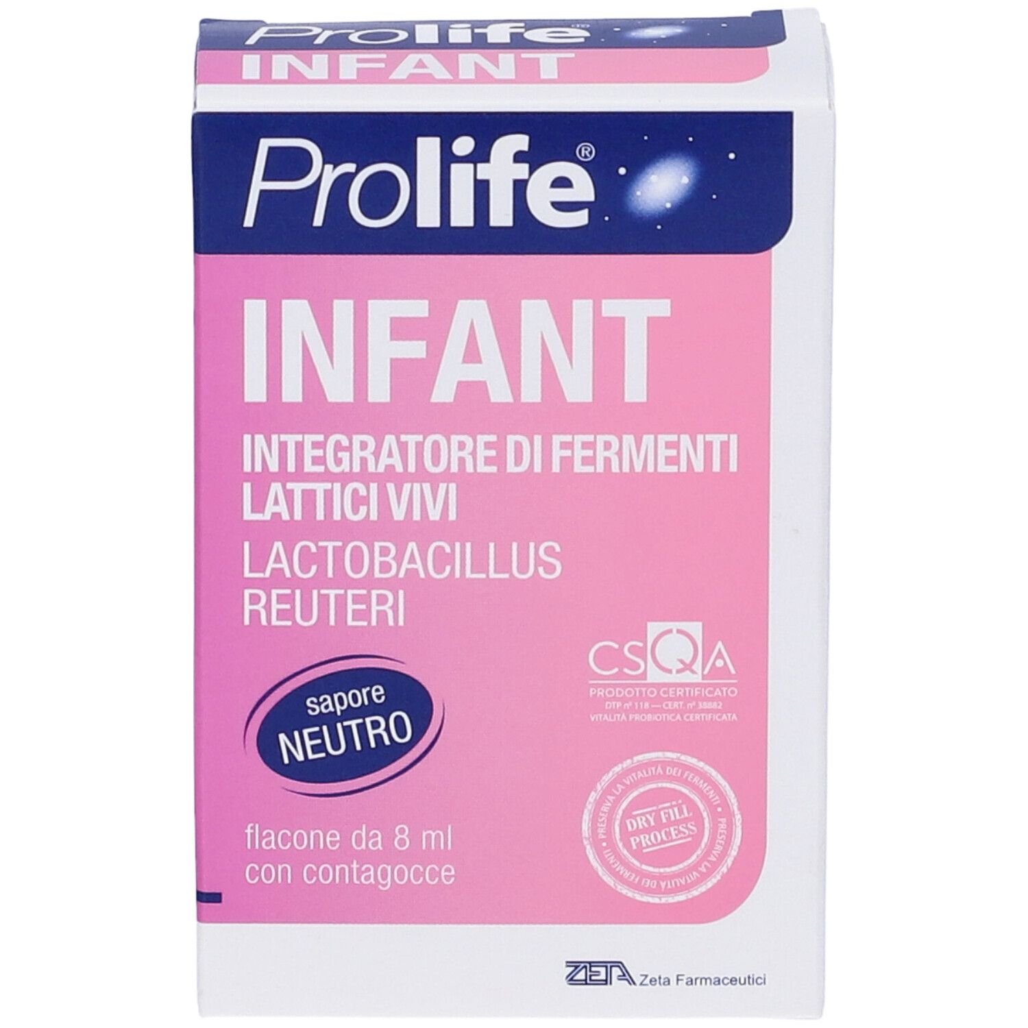 Emballage rose et blanc avec inscription Prolife Infant. Contient : Lactobacillus Reuteri, Integratore di fermenti lattici vivi, flacon de 8 ml.