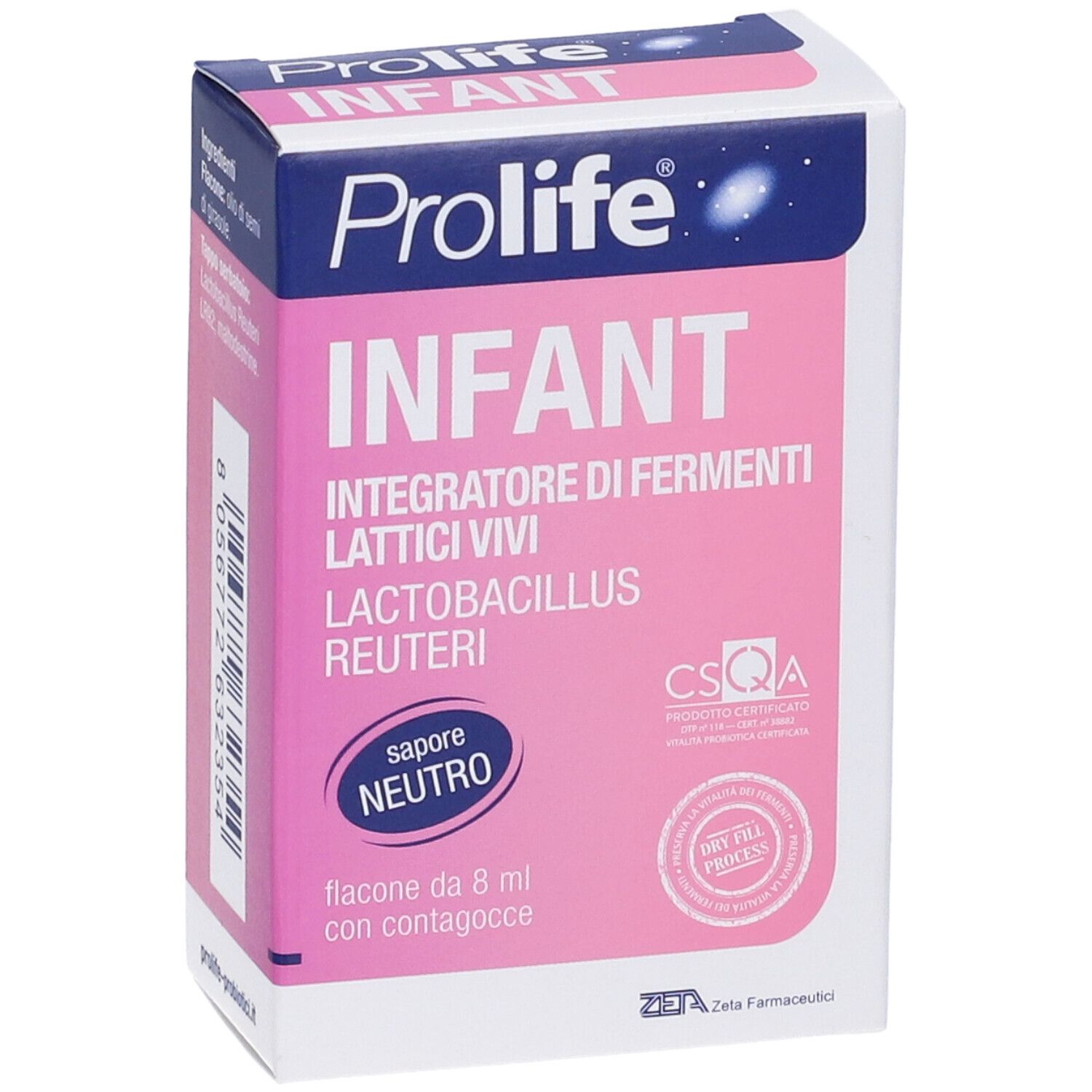 Emballage rose et blanc avec inscription Prolife Infant. Contient : Lactobacillus Reuteri, Integratore di fermenti lattici vivi, flacon de 8 ml.