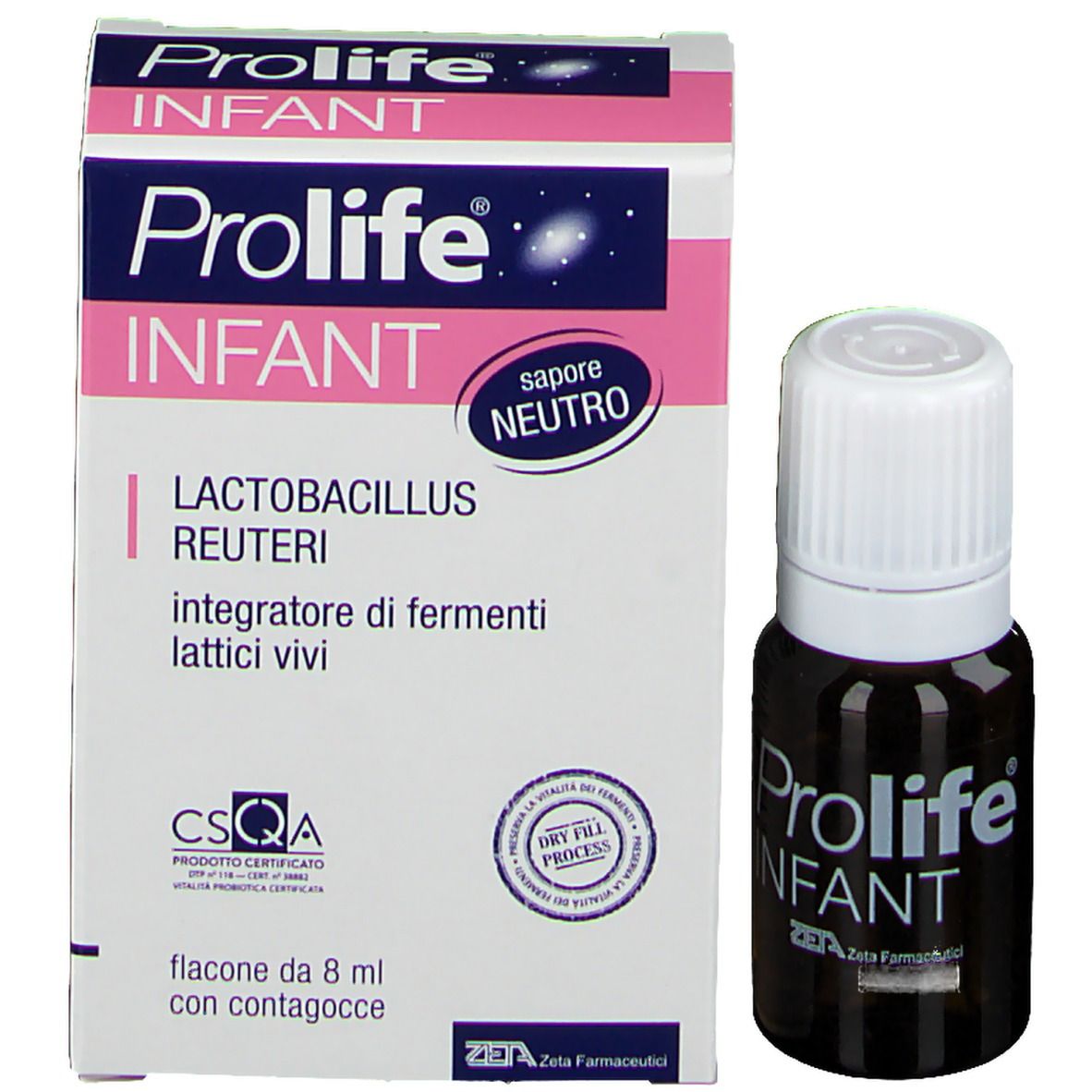 Flacon brun et emballage. Inscription : Prolife Infant. Contient : Lactobacillus Reuteri, Integratore di fermenti lattici vivi, flacon de 8 ml.