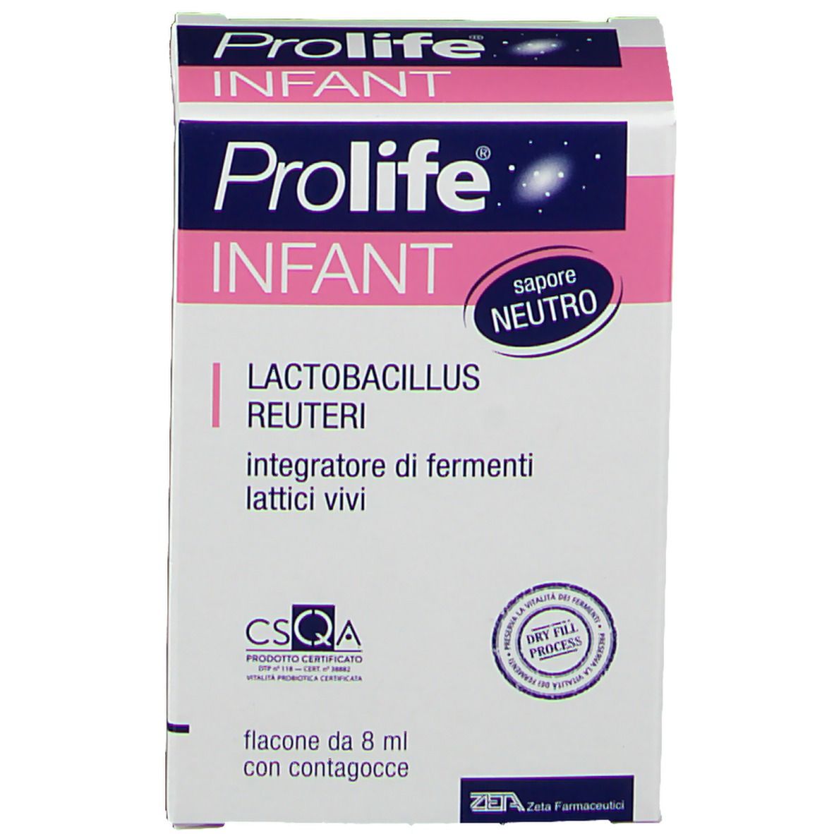 Emballage rose et blanc avec inscription Prolife Infant. Contient : Lactobacillus Reuteri, Integratore di fermenti lattici vivi, flacon de 8 ml.