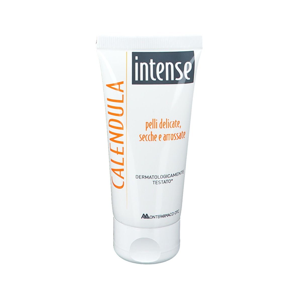 Weiße Tube mit "Intense"-Logo und "Calendula"-Schriftzug. Text: "pelli delicate, secche e arrossate".