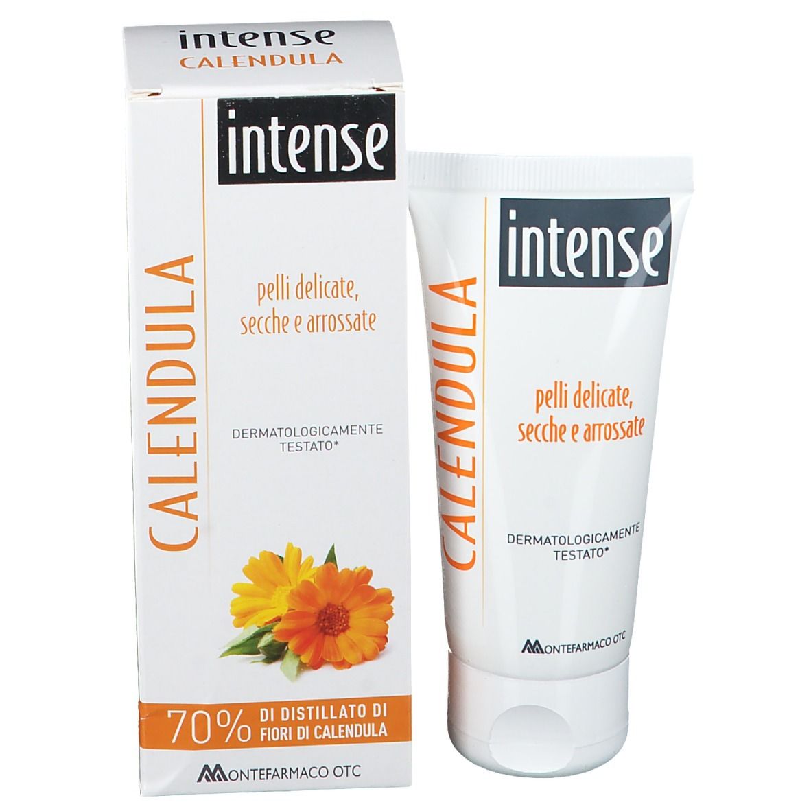 Produktverpackung mit Tube und Karton. Beide zeigen "Intense Calendula". Karton mit Blütenabbildung.