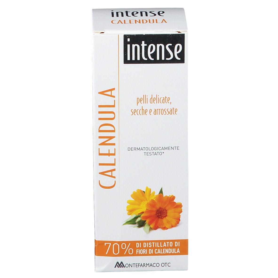 Kartonverpackung mit "Intense Calendula"-Logo und Text. Abbildung von Blüten. 70% Calendula-Extrakt.
