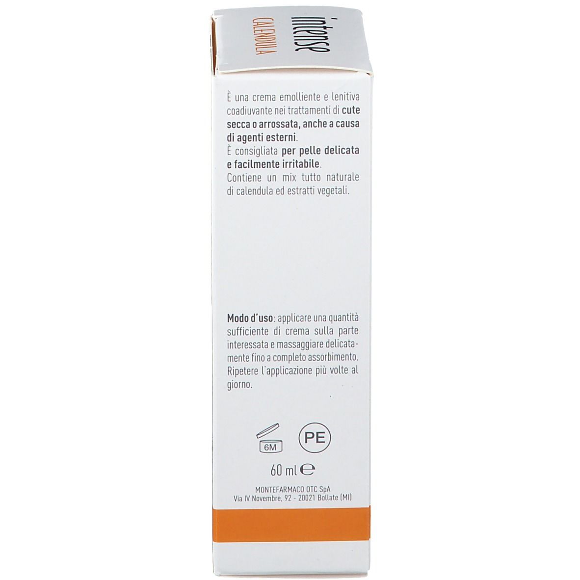 Seitenansicht der Kartonverpackung. Text über Inhaltsstoffe und Anwendung. 60 ml Volumenangabe.