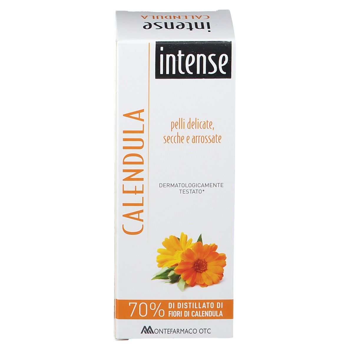 Kartonverpackung mit "Intense Calendula"-Logo und Text. Abbildung von Blüten. 70% Calendula-Extrakt.
