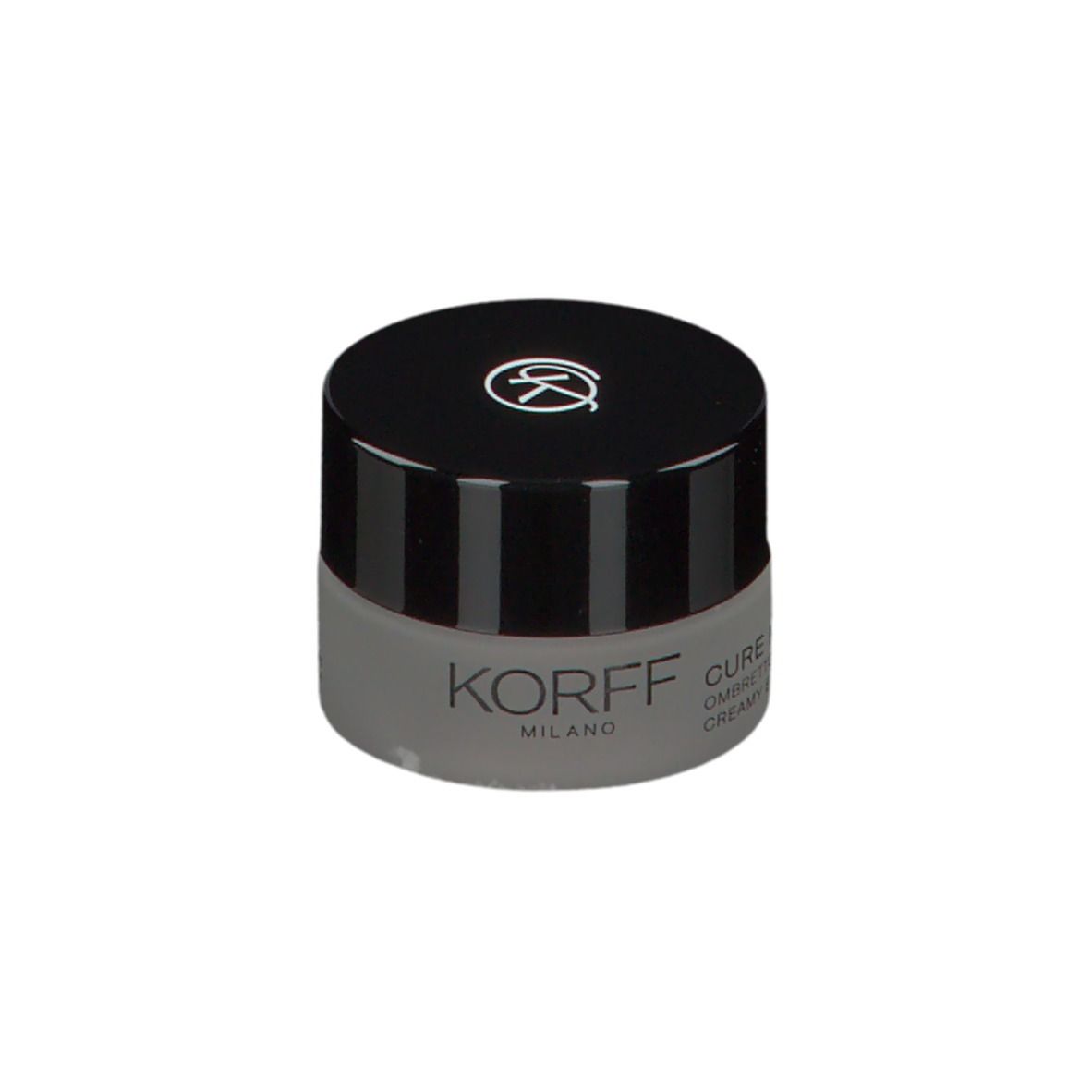 KORFF Creme-Lidschatten, geschlossen. Graues Glas, schwarzer Deckel mit Logo. Text: KORFF MILANO, CURE MAKE UP, CREMA EYESHADOW.