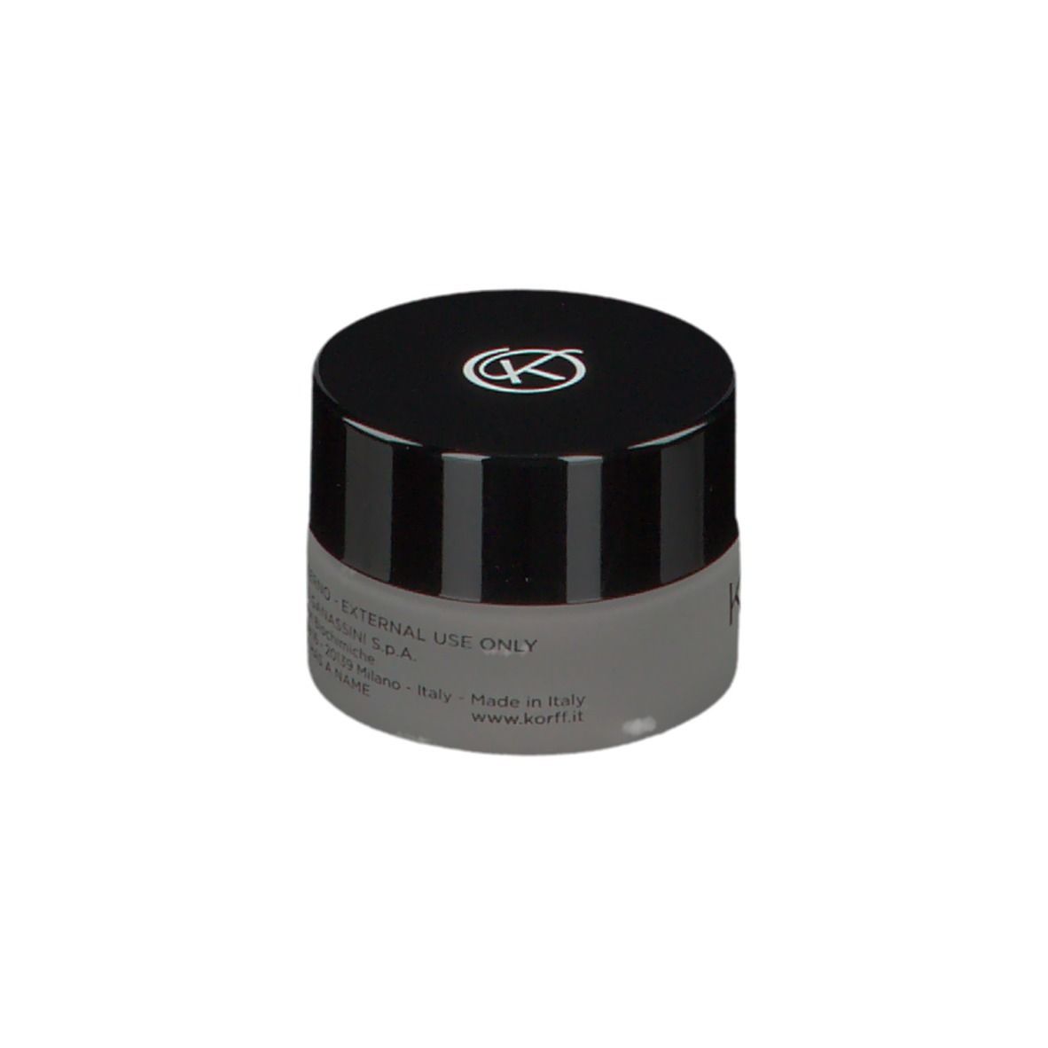 KORFF Creme-Lidschatten, geschlossen. Graues Glas, schwarzer Deckel mit Logo. Text: KORFF MILANO, CURE MAKE UP, CREMA EYESHADOW.