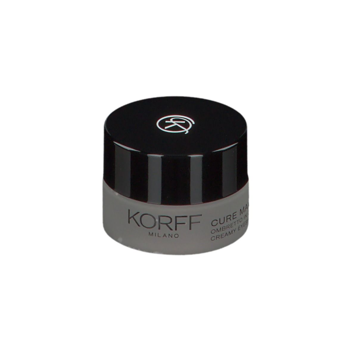 KORFF Creme-Lidschatten, geschlossen. Graues Glas, schwarzer Deckel mit Logo. Text: KORFF MILANO, CURE MAKE UP, CREMA EYESHADOW.