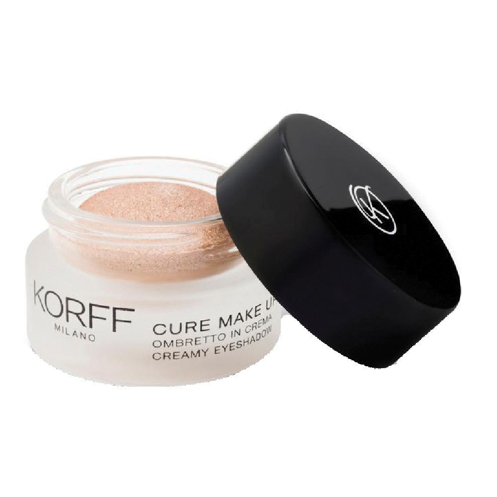 KORFF Creme-Lidschatten 03, offenes Glas, cremefarbener Lidschatten, schwarzer Deckel. Text: KORFF MILANO, CURE MAKE UP, CREMA.