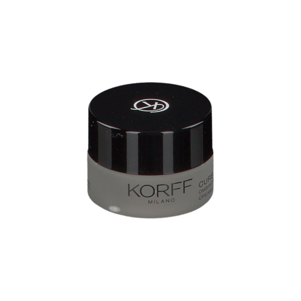 KORFF Creme-Lidschatten 03, geschlossener Tiegel, schwarzer Deckel mit Logo. Text: KORFF MILANO, CURE MAKE UP, CREMA.