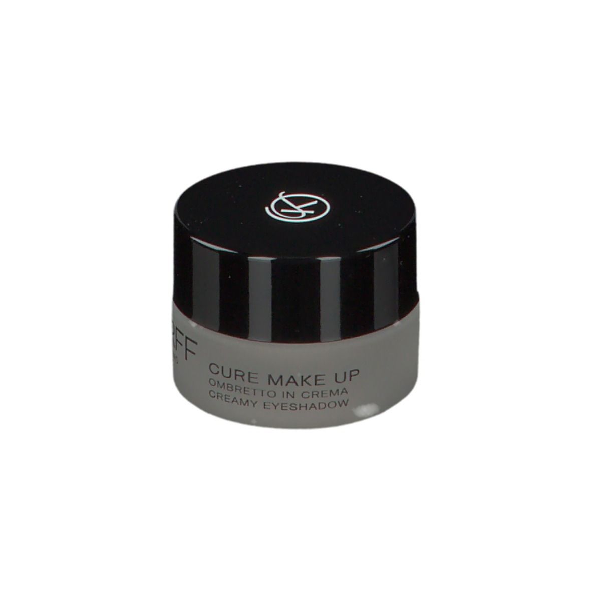 KORFF Creme-Lidschatten 03, geschlossener Tiegel, schwarzer Deckel mit Logo. Text: KORFF MILANO, CURE MAKE UP, CREMA.