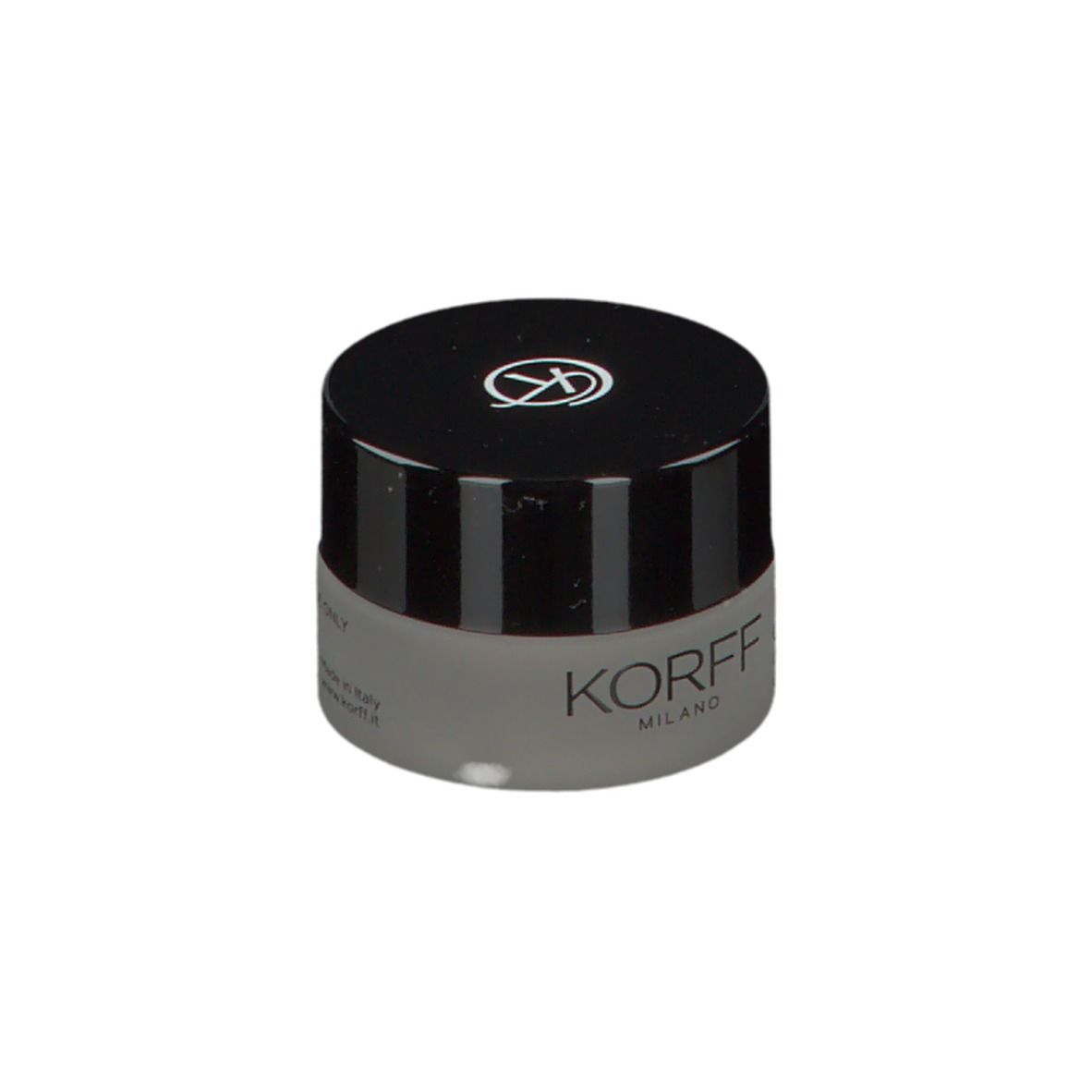 KORFF Creme-Lidschatten 03, geschlossener Tiegel, schwarzer Deckel mit Logo. Text: KORFF MILANO, CURE MAKE UP, CREMA.