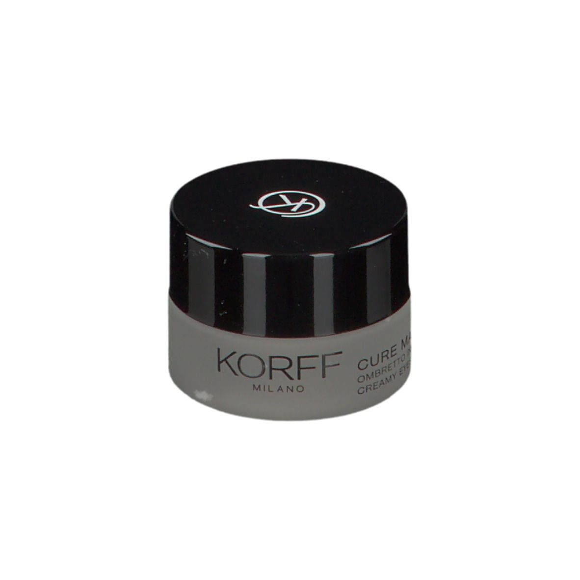 KORFF Creme-Lidschatten 03, geschlossener Tiegel, schwarzer Deckel mit Logo. Text: KORFF MILANO, CURE MAKE UP, CREMA.