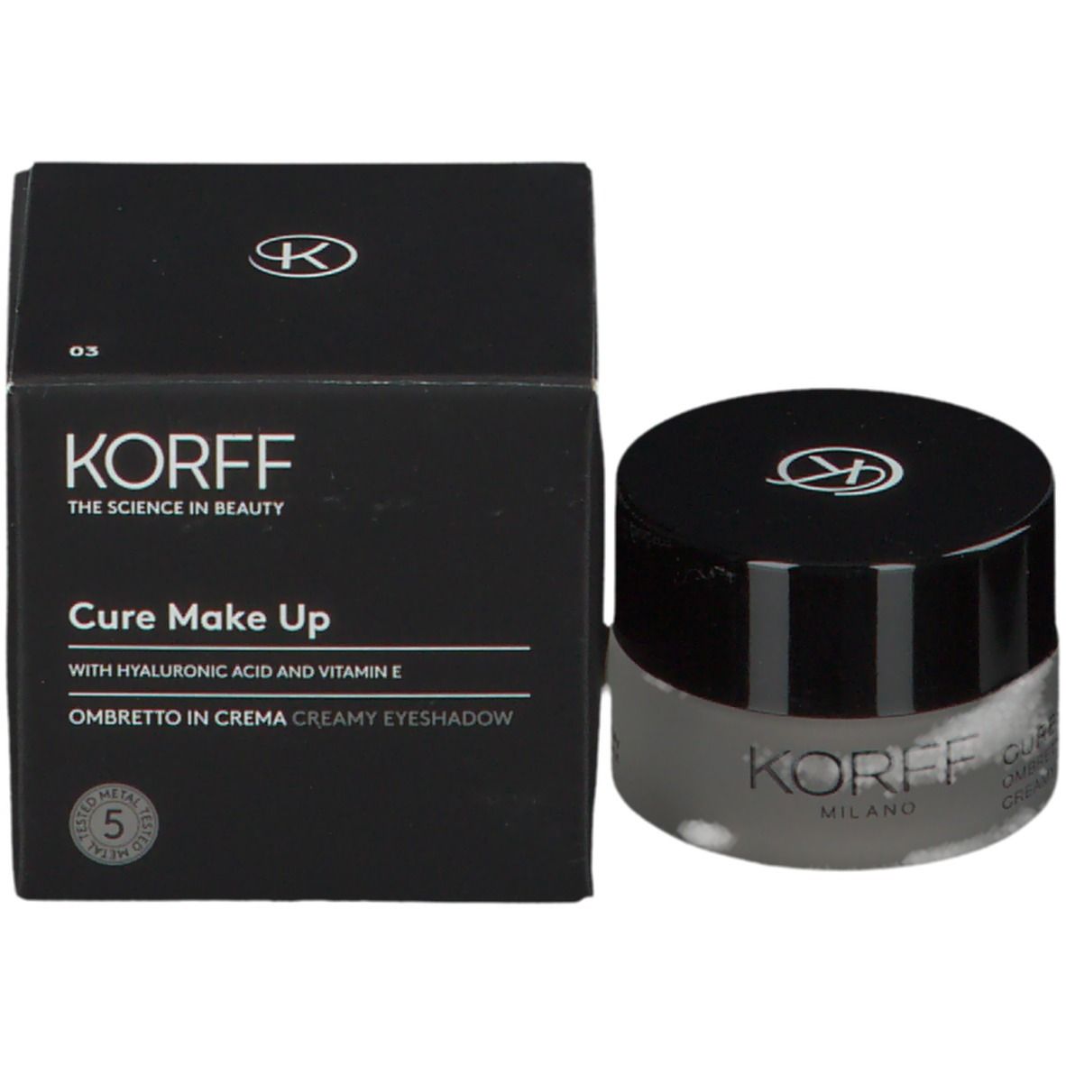 KORFF Creme-Lidschatten 03 und Verpackung. Schwarze Verpackung, Text: KORFF, CURE MAKE UP, Ombretto in Crema, 5.