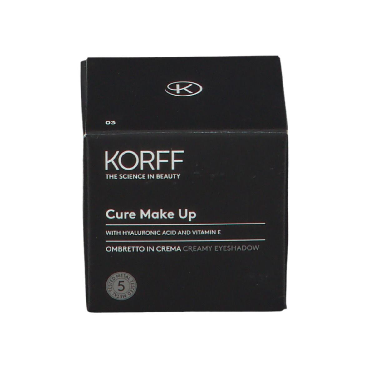 KORFF Creme-Lidschatten 03 Verpackung. Schwarze Verpackung, Text: KORFF, CURE MAKE UP, Ombretto in Crema, 5.