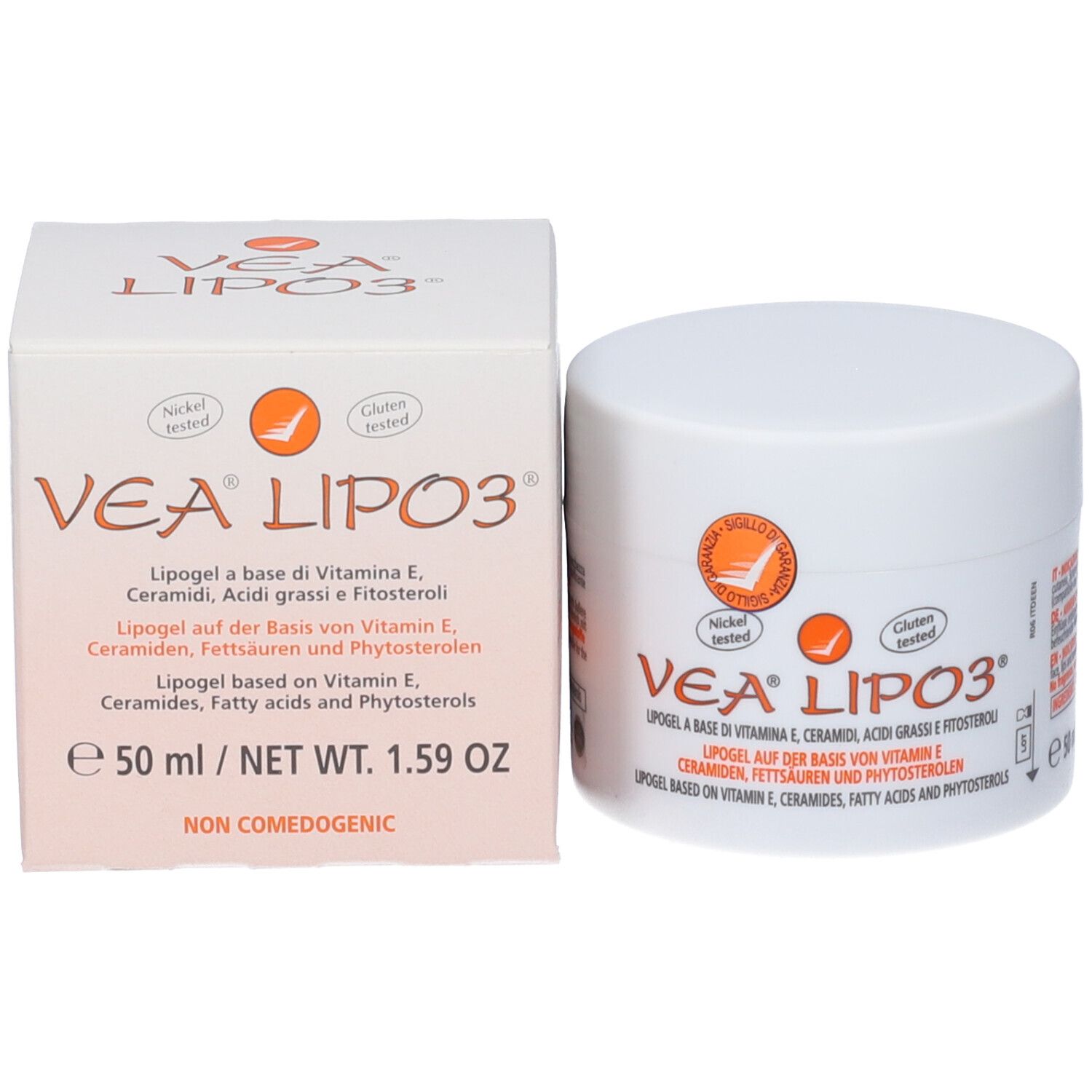 VEA LIPO3-Produkt und Faltschachtel. Weiße Dose und Schachtel. 50 ml. Nickel- und Gluten-getestet.