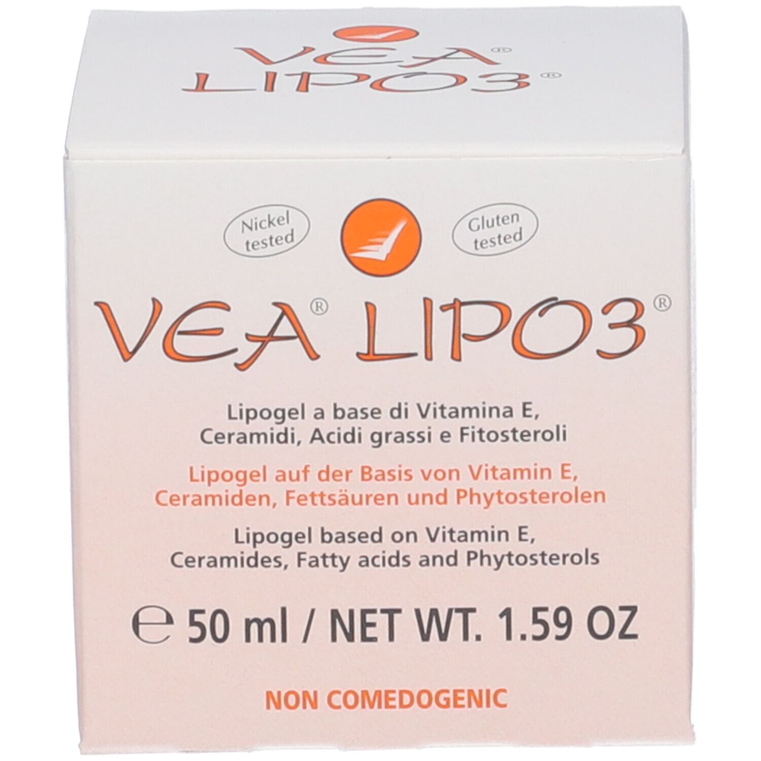 Weiße Faltschachtel mit VEA LIPO3-Logo. Enthält Lipogel. Nickel- und Gluten-getestet. 50 ml.