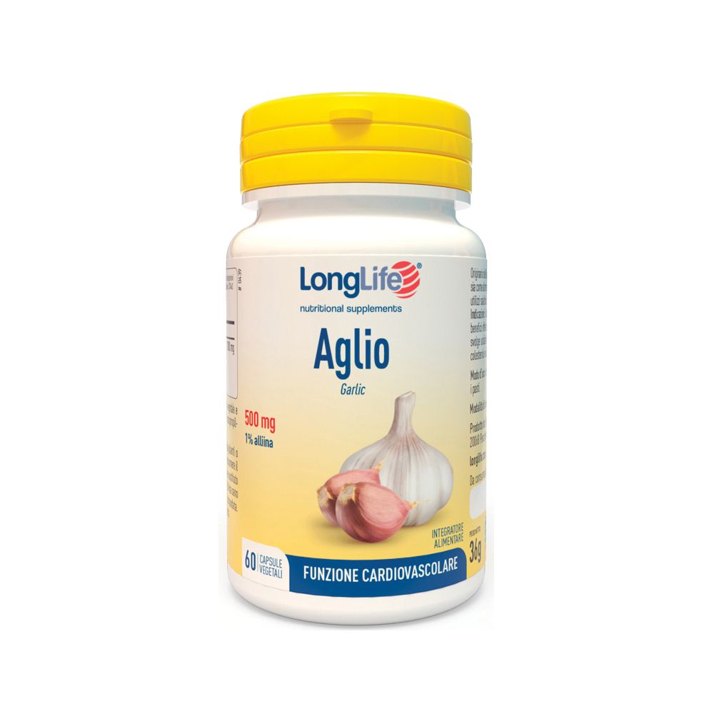 Flacon blanc à bouchon jaune. Inscription: LongLife Aglio, 500 mg, 60 capsules. Illustration: gousses d'ail.