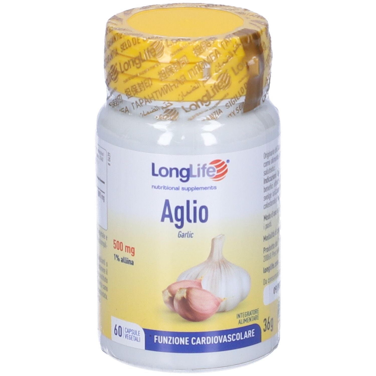 Flacon blanc avec bouchon et sceau jaunes. Inscription: LongLife Aglio, 500 mg, 60 capsules. Ail.