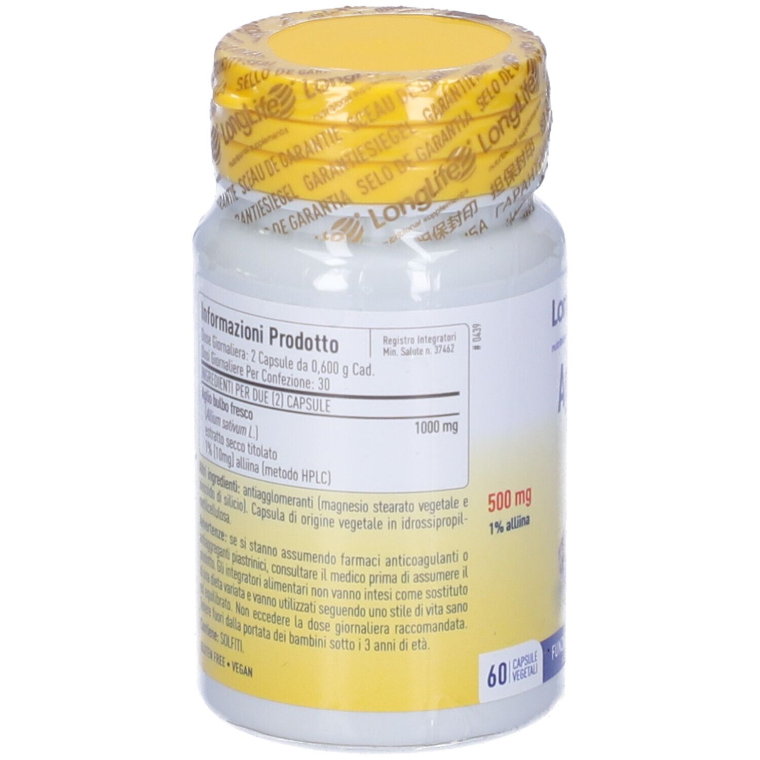 Flacon blanc avec bouchon et sceau jaunes. Informations produit au dos. Inscription: LongLife Aglio, 500 mg.