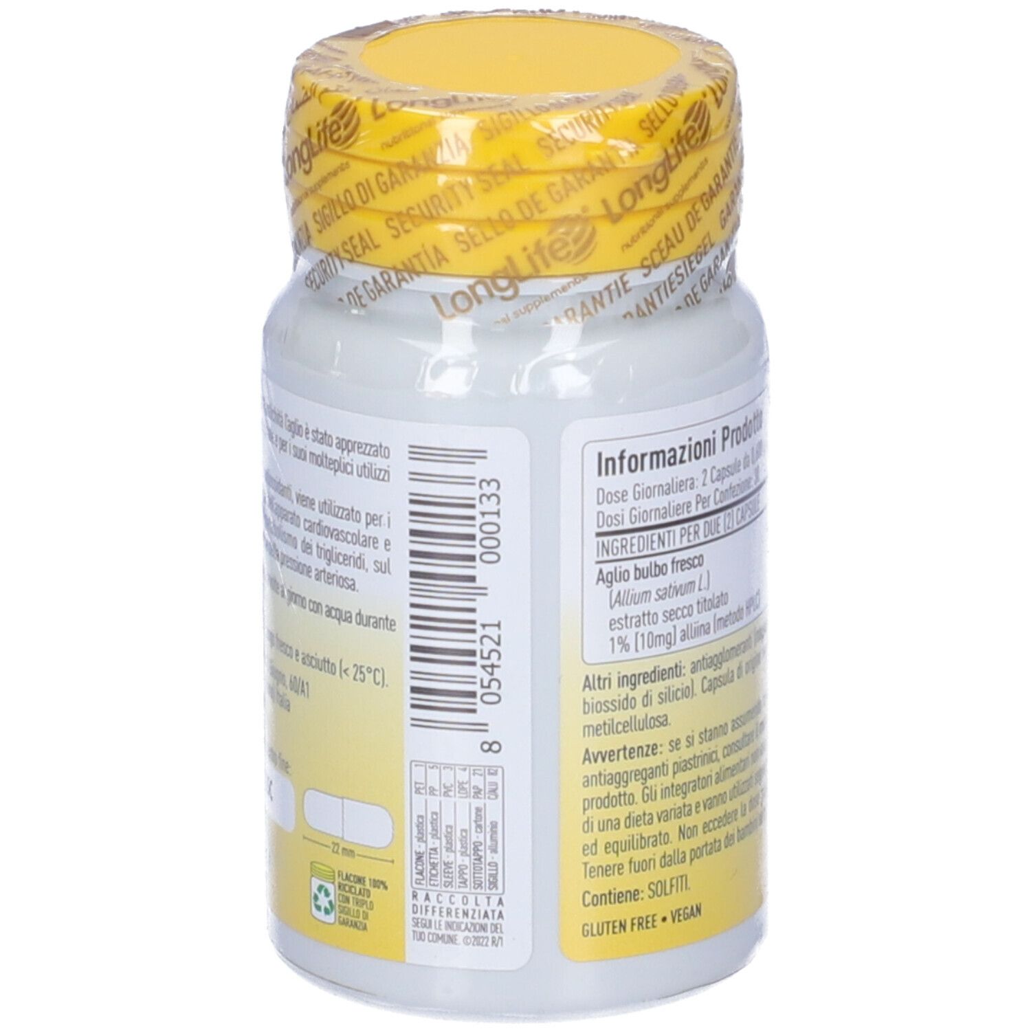Flacon blanc avec bouchon et sceau jaunes. Informations produit au dos. Inscription: LongLife Aglio, 500 mg.