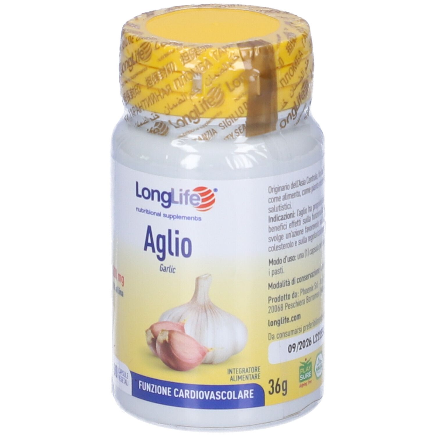 Flacon blanc avec bouchon et sceau jaunes. Inscription: LongLife Aglio, 500 mg, 60 capsules. Ail.
