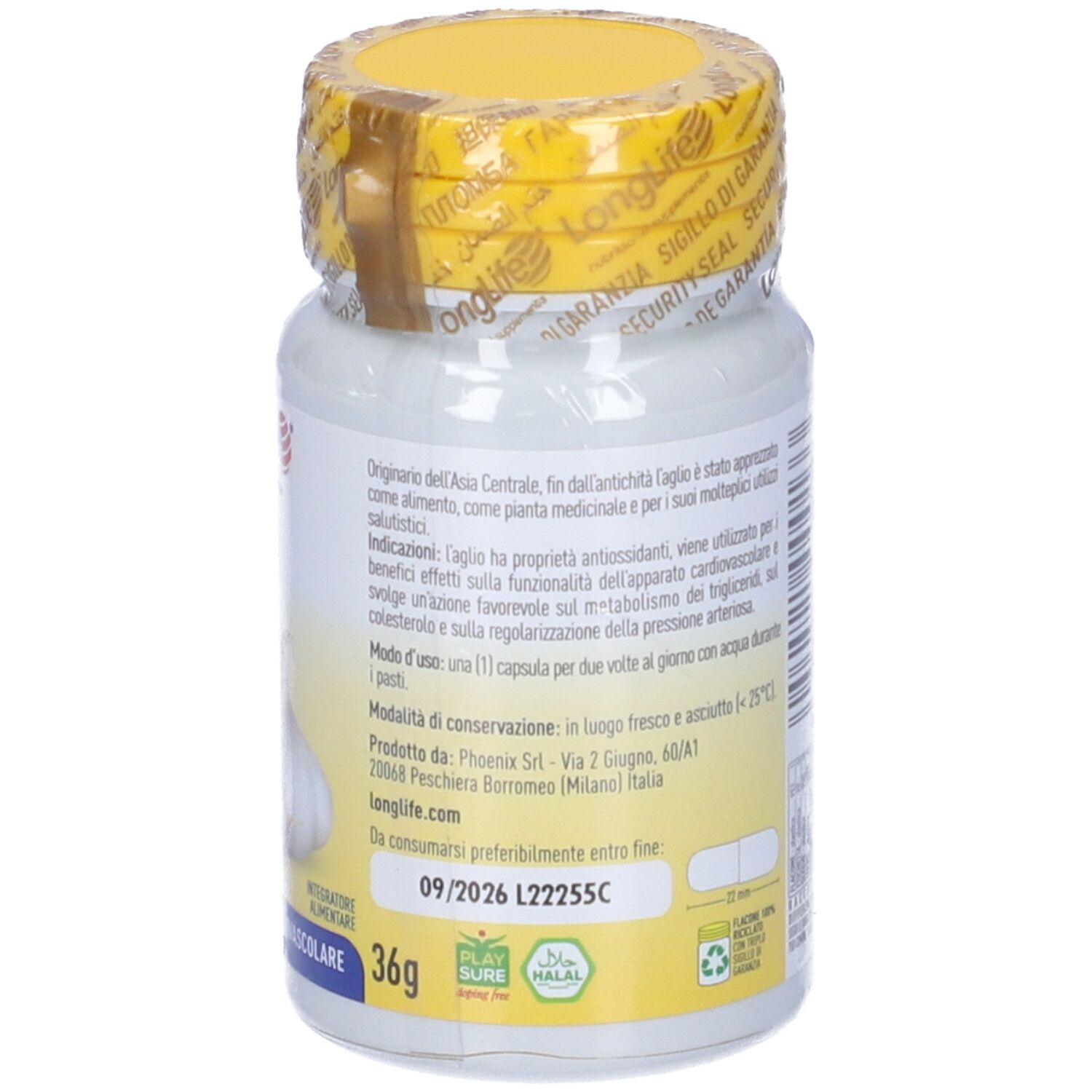 Flacon blanc avec bouchon et sceau jaunes. Informations produit au dos. Inscription: LongLife Aglio, 500 mg.