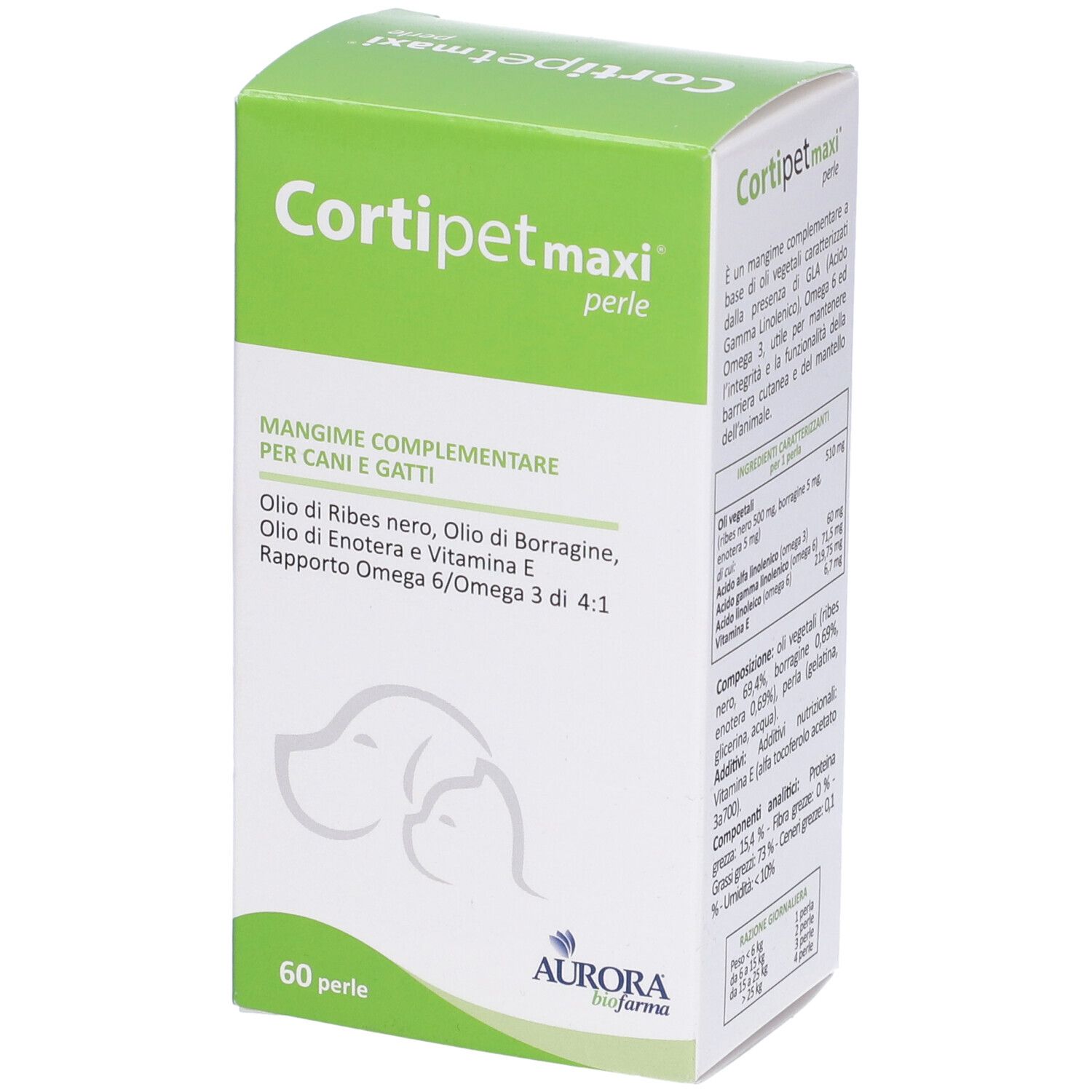 Verpackung mit grünem Deckel. Aufschrift: Cortipet maxi perle. 60 Perlen. Mangime complementare per cani e gatti.