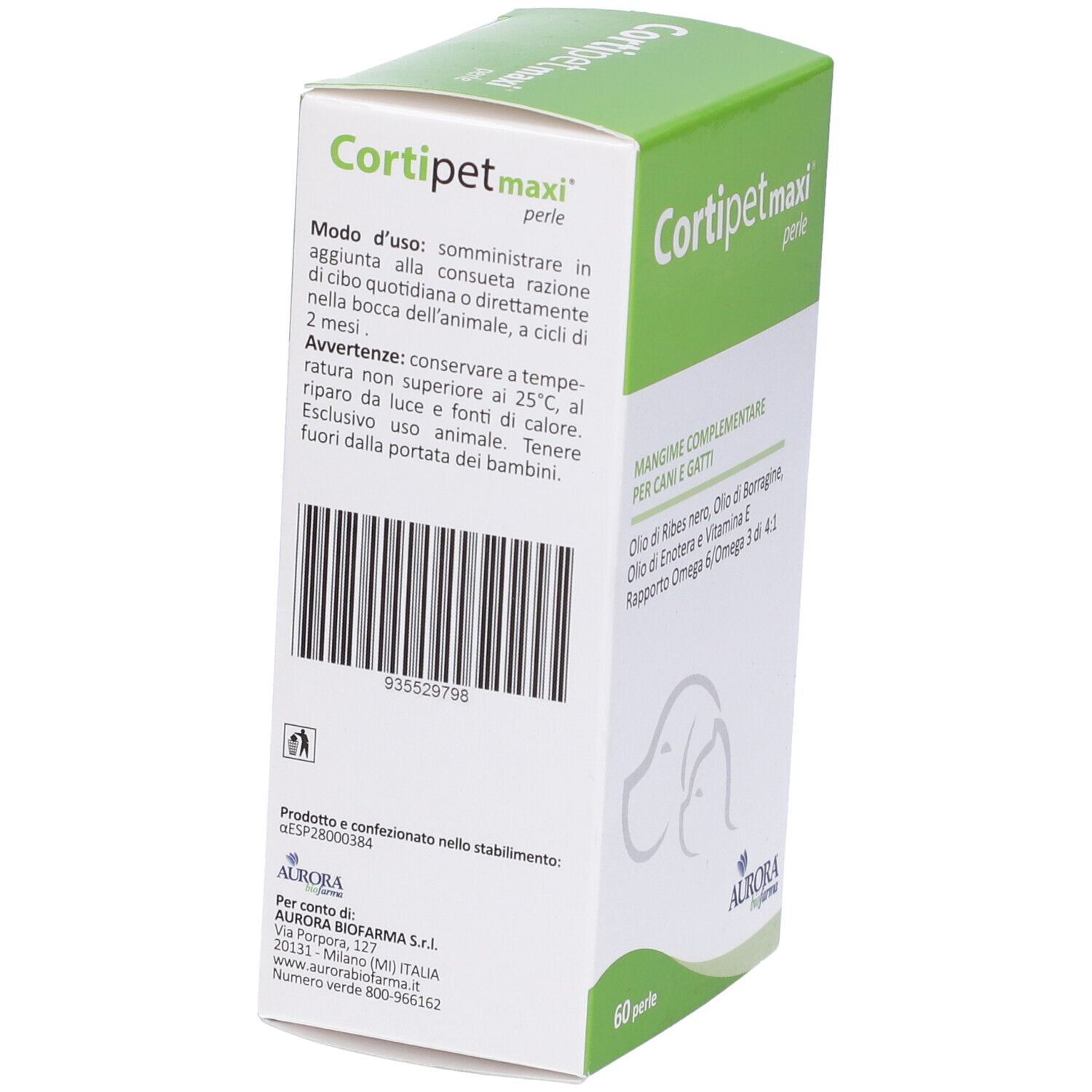 Rückseite der Verpackung. Text: Cortipet maxi perle. Barcode. 60 Perlen. Aurora biofarma Logo.