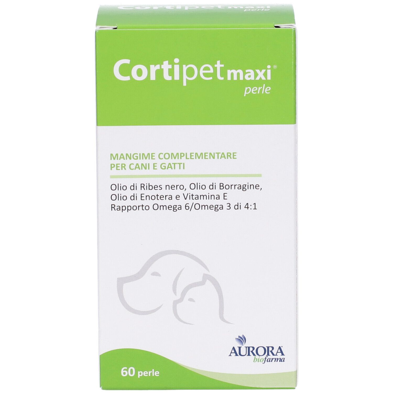 Verpackung mit grünem Deckel. Aufschrift: Cortipet maxi perle. 60 Perlen. Mangime complementare per cani e gatti.